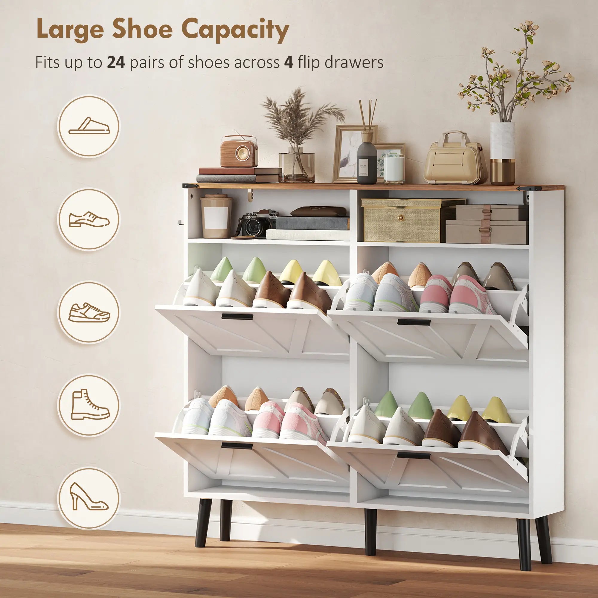 Shoe Storage Cabinet, 4 Flip Drawers, Farmhouse Narrow, Holds 24 Pairs, White Shoe Storage Cabinets & Racks at Gallery Canada