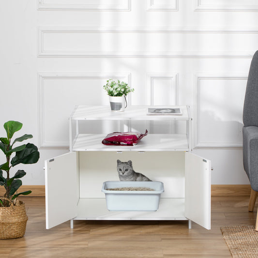 Cat Litter Box Enclosure Hidden Cat Furniture Cabinet Indoor Cat Washroom Double-door Nightstand End Table with Cat Hole Storage Shelf White - Gallery Canada