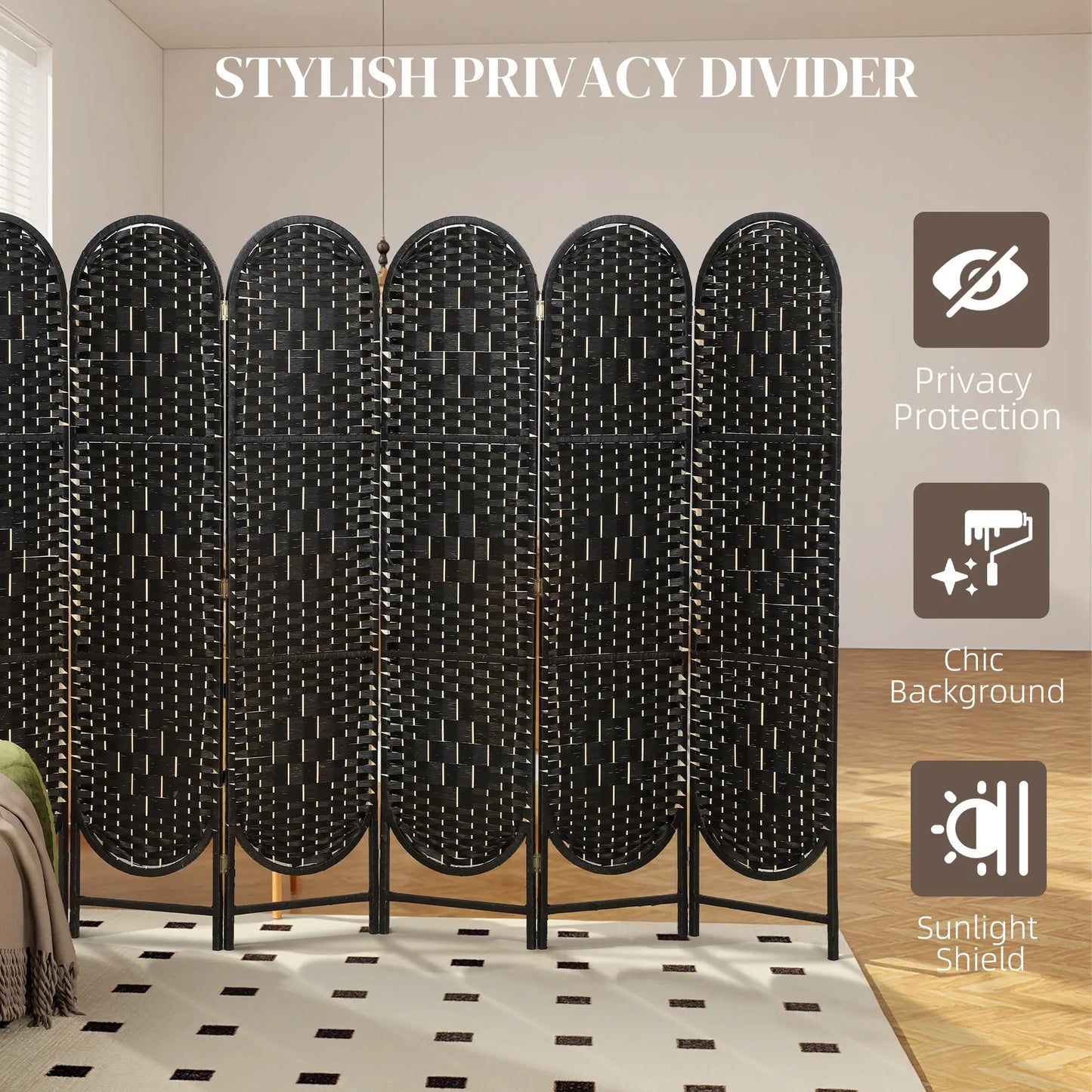 Bohemian Privacy Screen, 6 Panel Folding Room Divider, Arched Top, Black Room Dividers at Gallery Canada