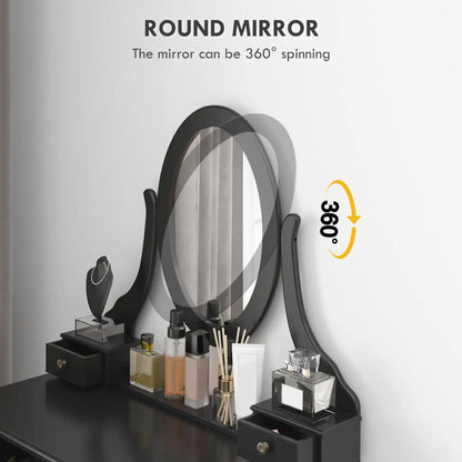 Wooden Vanity Table, 360° Rotating Oval Mirror, 5 Drawers, Padded Stool, Black