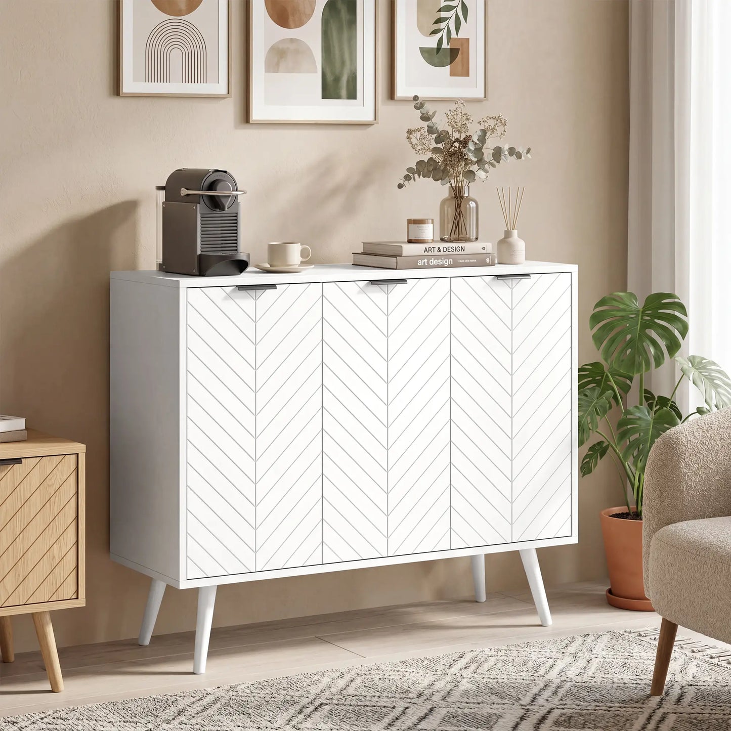 Modern Sideboard and Buffet, Dining Room Cabinet with Adjustable Shelves and 3 Doors, White Storage Cabinets at Gallery Canada