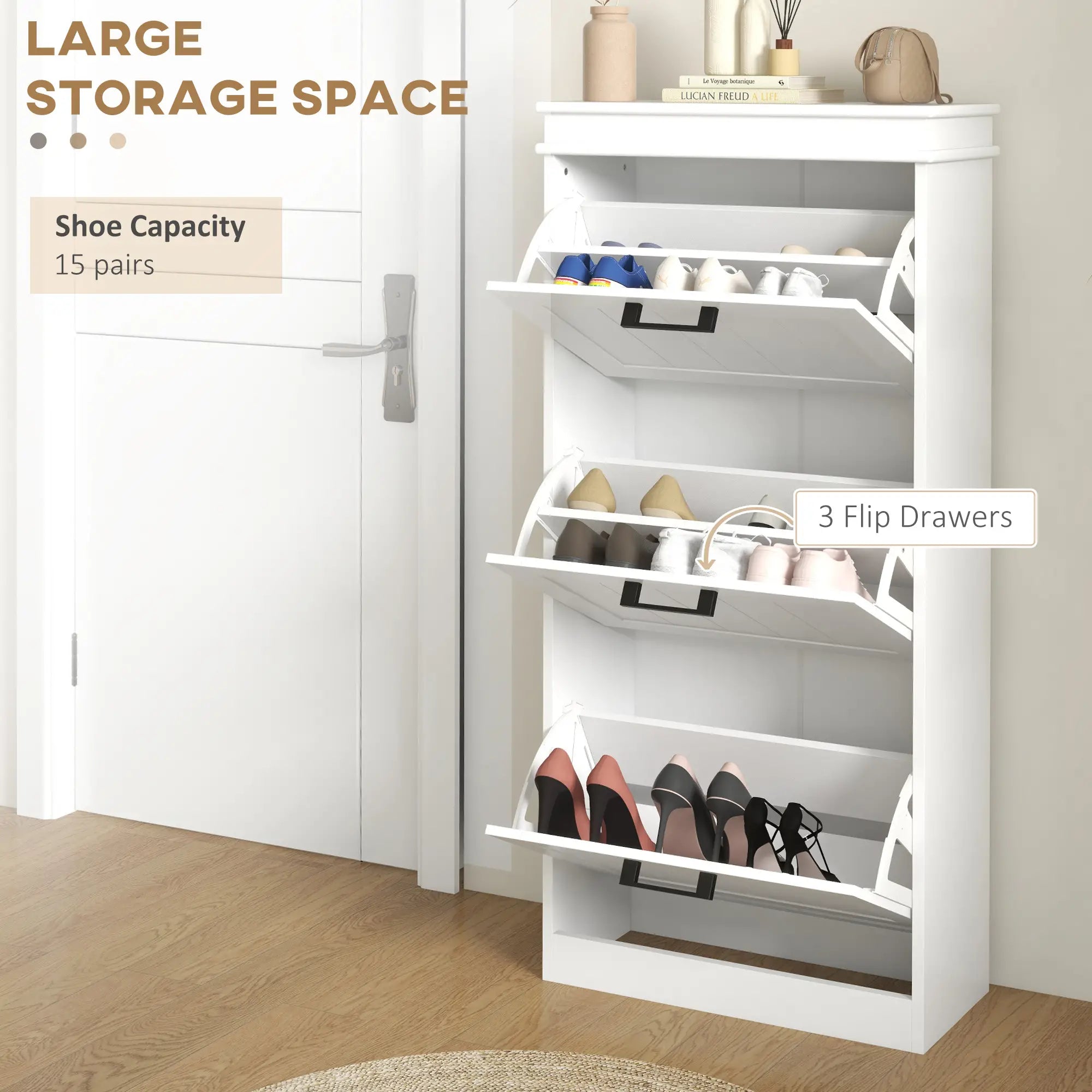 Slim Shoe Cabinet, 3 Flip Drawers, Adjustable Shelves, 15 Pairs, White Shoe Storage Cabinets & Racks at Gallery Canada