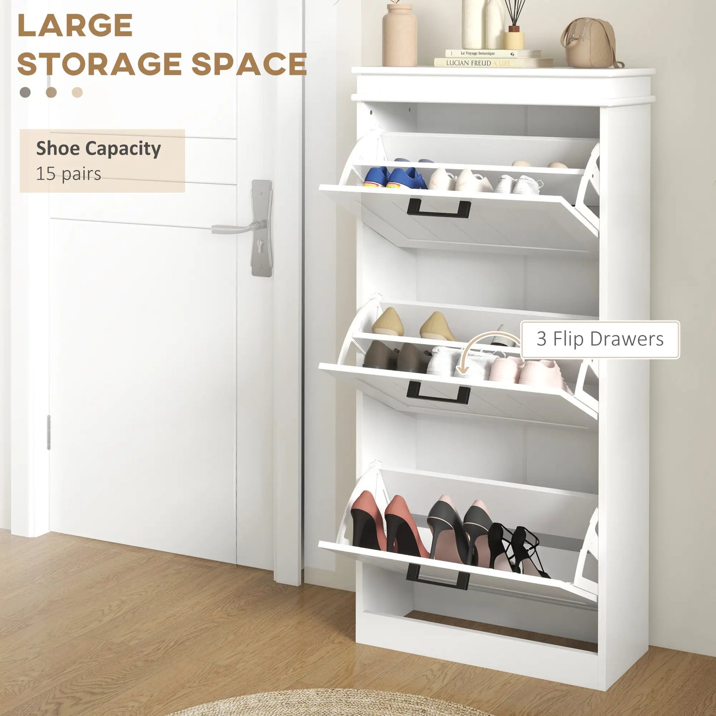 Slim Shoe Cabinet, 3 Flip Drawers, Adjustable Shelves, 15 Pairs, White Shoe Storage Cabinets & Racks at Gallery Canada