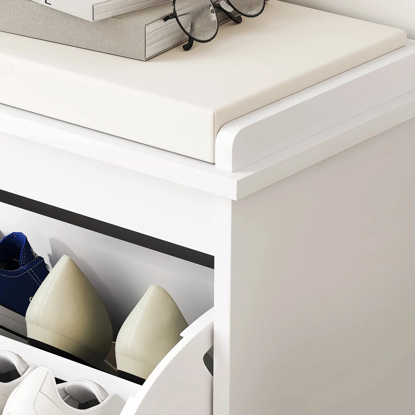 Entryway Bench with Padded Seat, Flip-Drawers, Holds 265lbs, Shoe Storage for 6 Pairs, White Shoe Storage Cabinets & Racks at Gallery Canada
