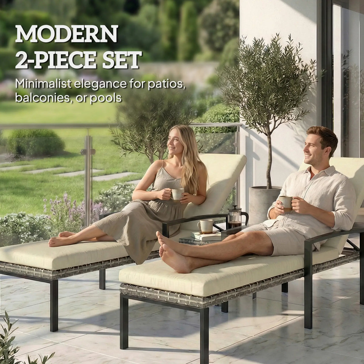 Outdoor Wicker Chaise Lounge Chairs, Set of 2, 5-Level Adjustable Backrest Wicker Chaise Loungers at Gallery Canada
