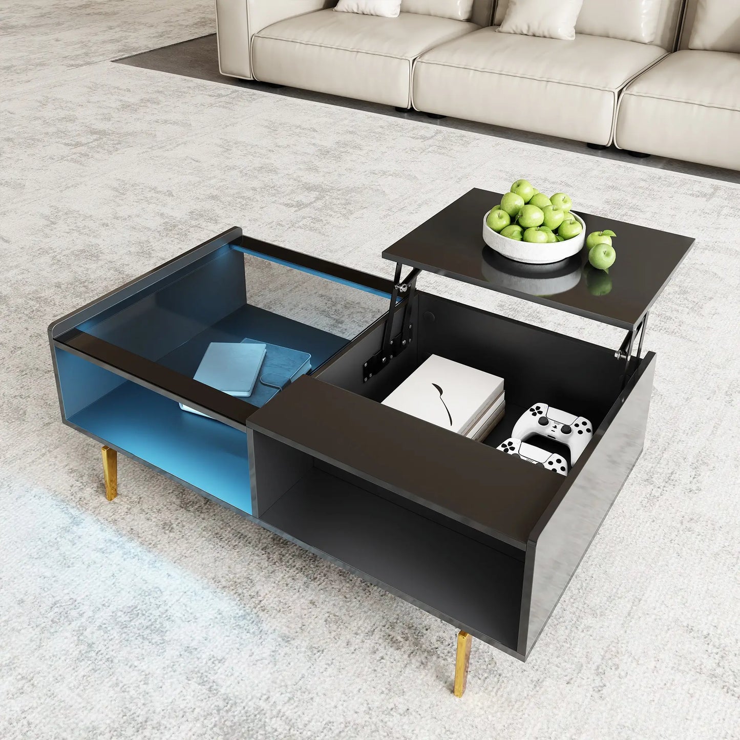 LED Coffee Table, Glass Top, Adjustable Height, Storage, 43.5" L x 21.5" W x 15.5" H, Black Coffee Tables at Gallery Canada