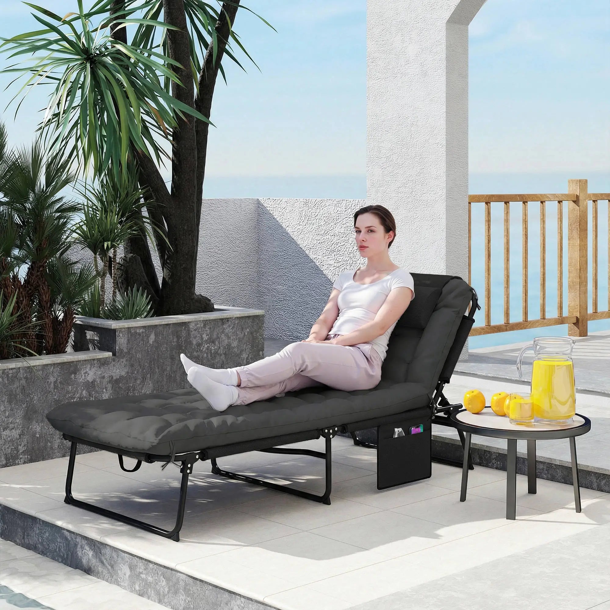 Folding Lounge Chair, 4-Level Reclining Back, Dark Grey Lounger Chairs at Gallery Canada