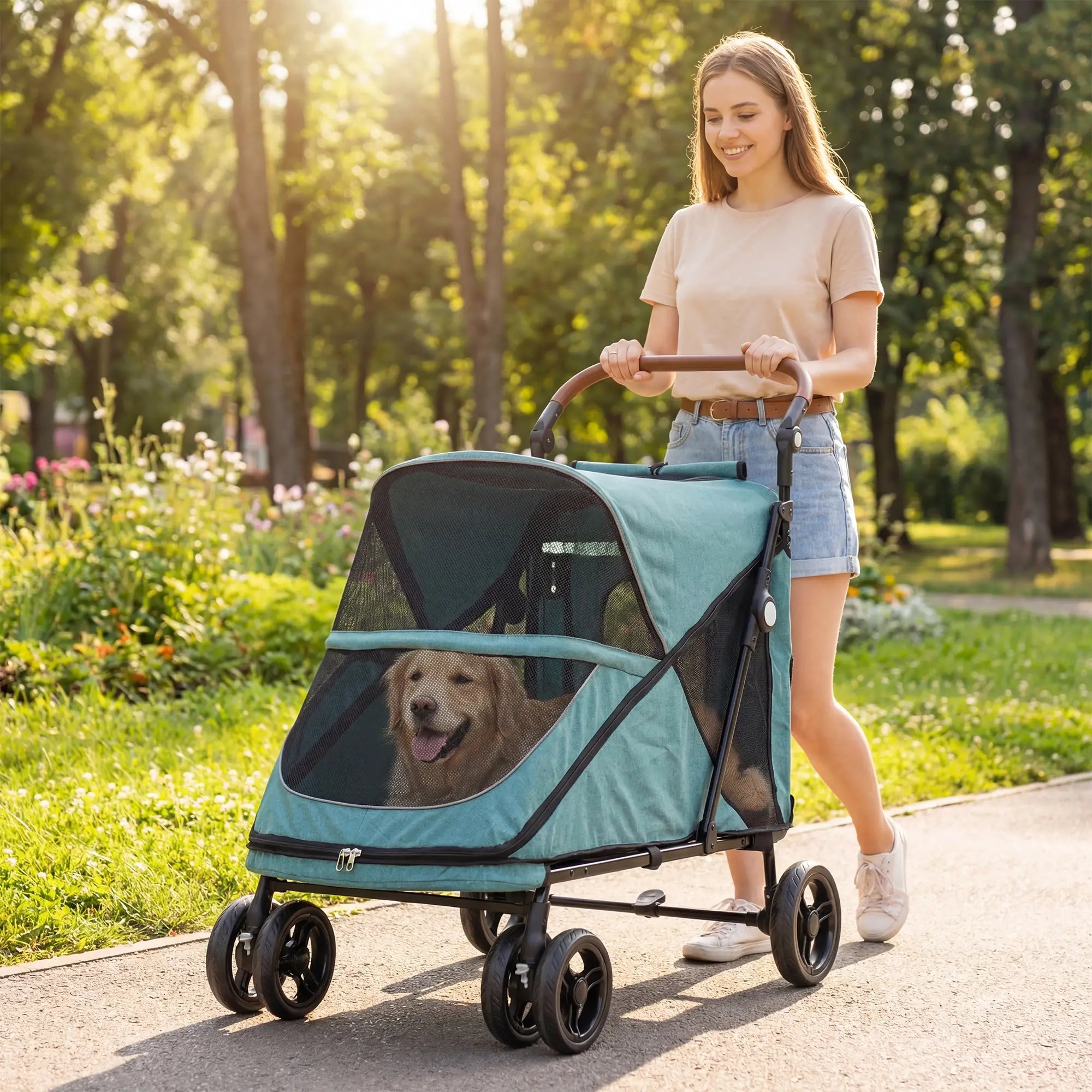 Dog Stroller for Large Dogs Up to 66 Lbs, 4-Wheel Shock Absorption, Turquoise Dog Bike Trailers & Strollers at Gallery Canada