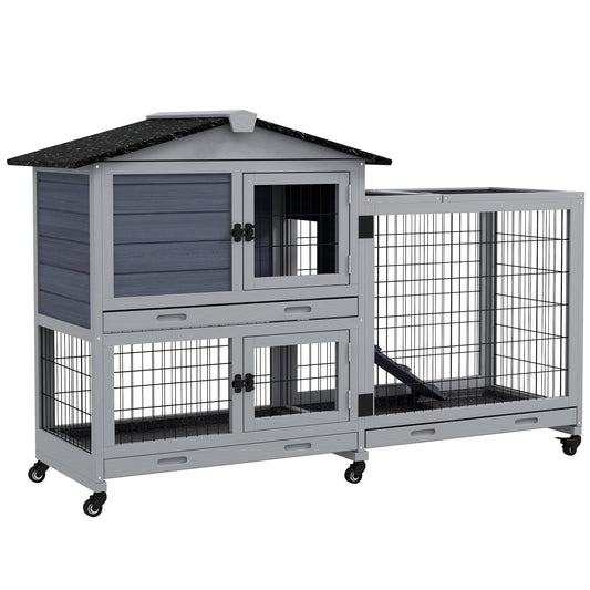 Rabbit Cage Outdoor Indoor Wooden Rabbit Hutch with Run Openable Top 3 Removable Trays, for 1-2 Rabbits, Grey - Gallery Canada