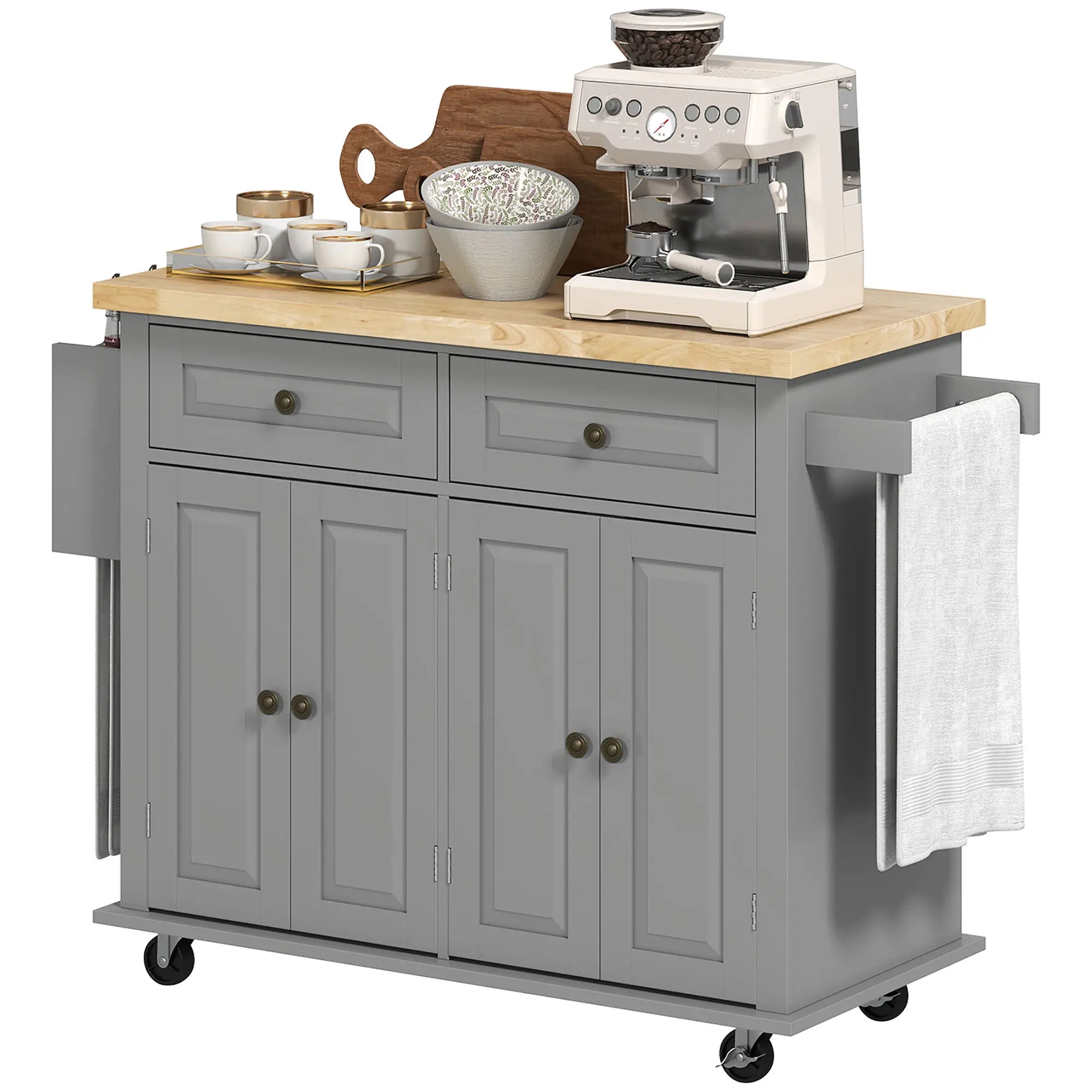 Kitchen Island with Storage, Rolling Cart, Rubber Wood Top, Grey Kitchen Islands & Kitchen Carts at Gallery Canada