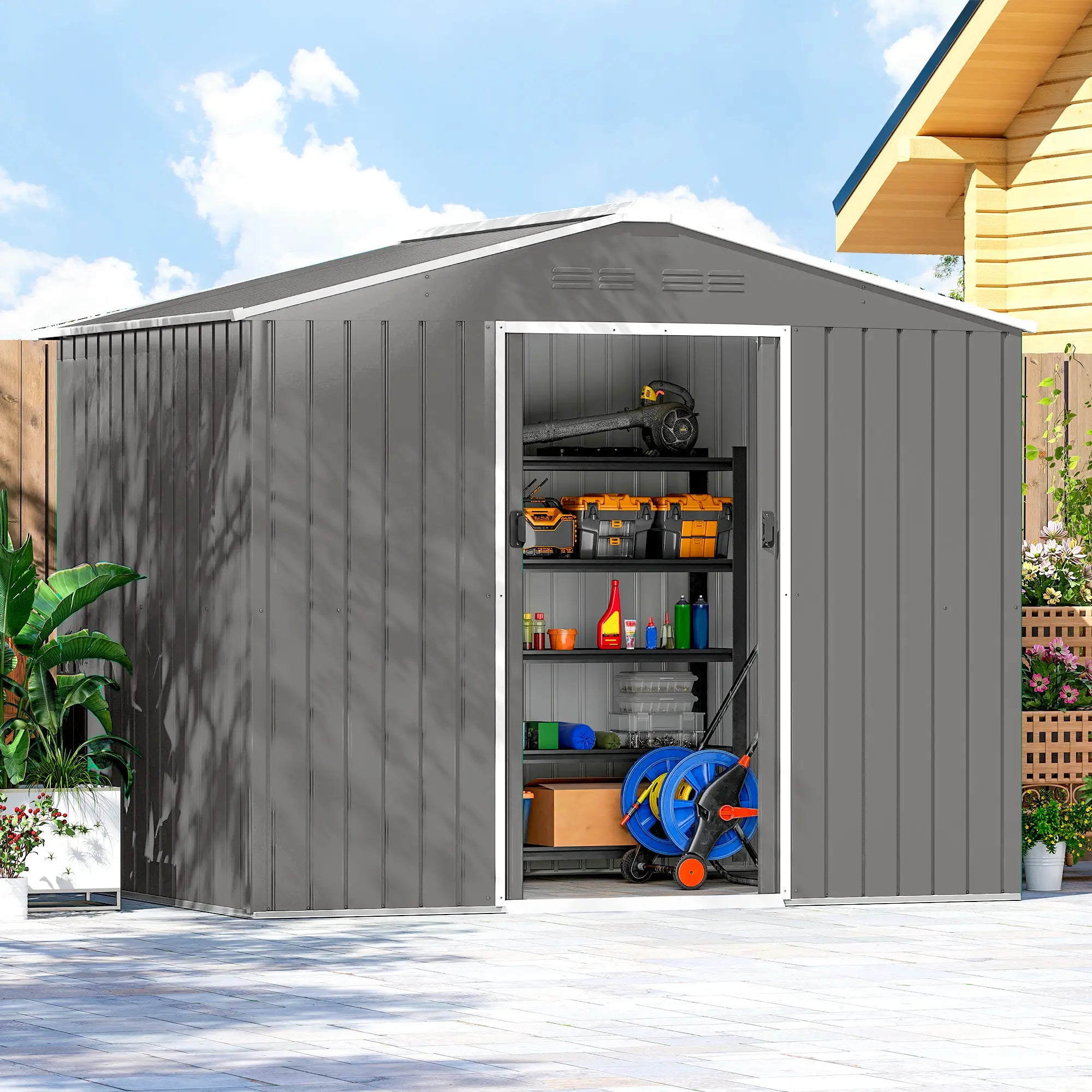 8' x 6' Metal Outdoor Storage Shed, Lockable Sliding Doors, Light Grey Sheds at Gallery Canada