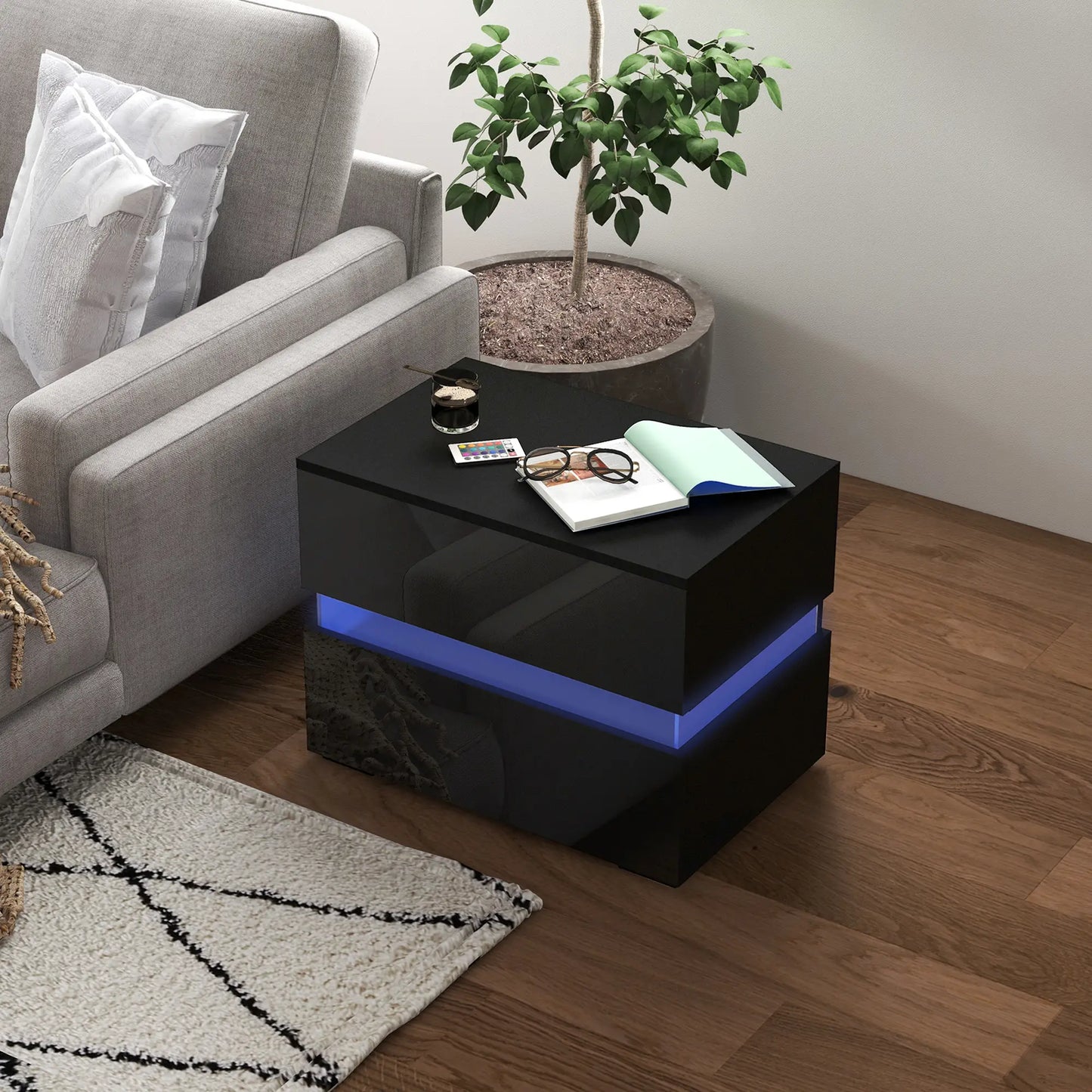 Modern Nightstand, 2 Drawers, USB RGB LED Lights, Remote, Black Bedside Tables at Gallery Canada