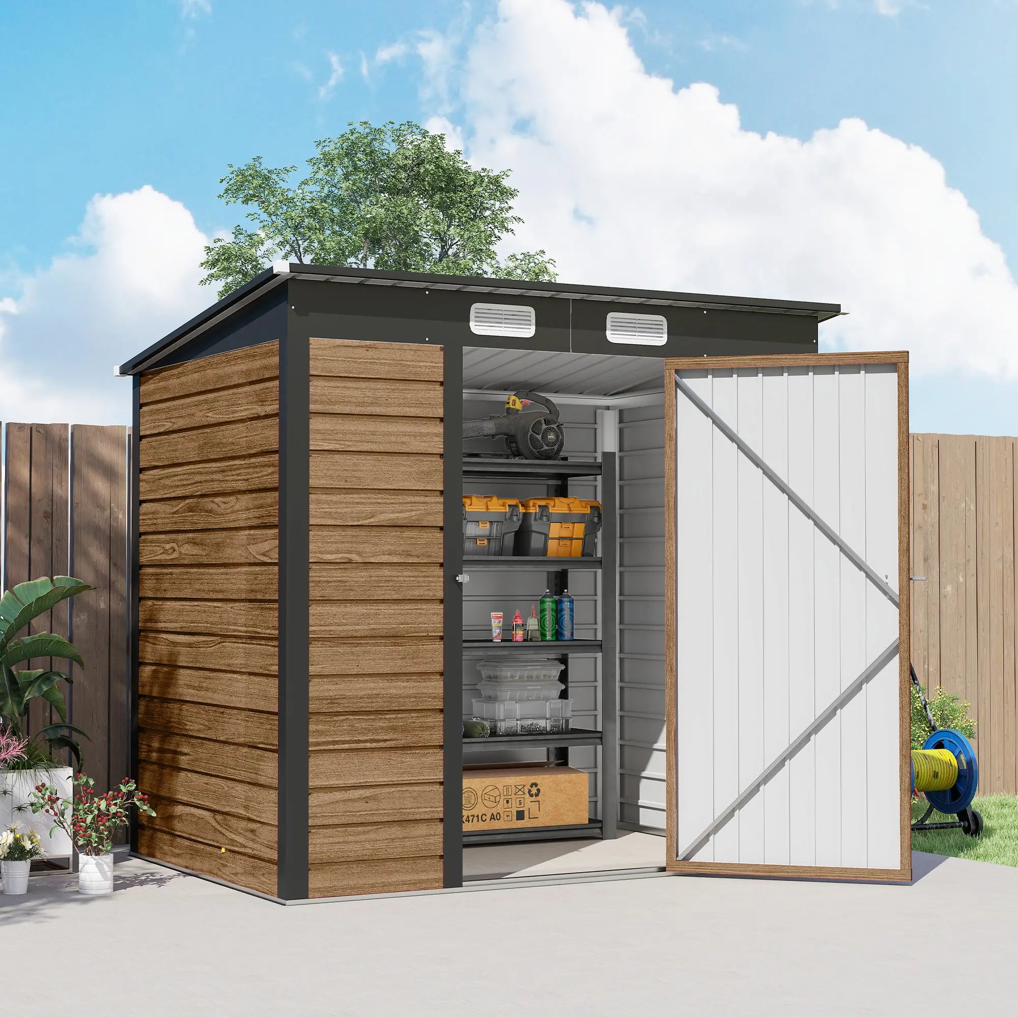 6' x 4' Galvanized Metal Garden Storage Shed, Double Doors, 2 Vents, Teak Sheds at Gallery Canada