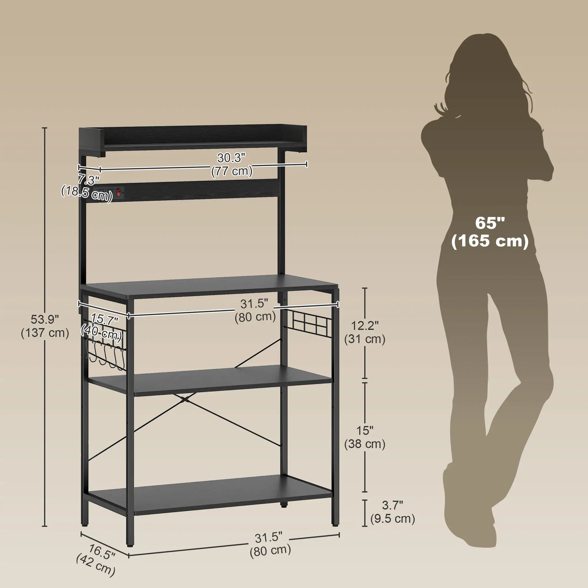 Kitchen Baker's Rack with Power Outlet, Coffee Bar Station with Adjustable Shelves and Hooks, Rustic Brown Bar Cabinets at Gallery Canada