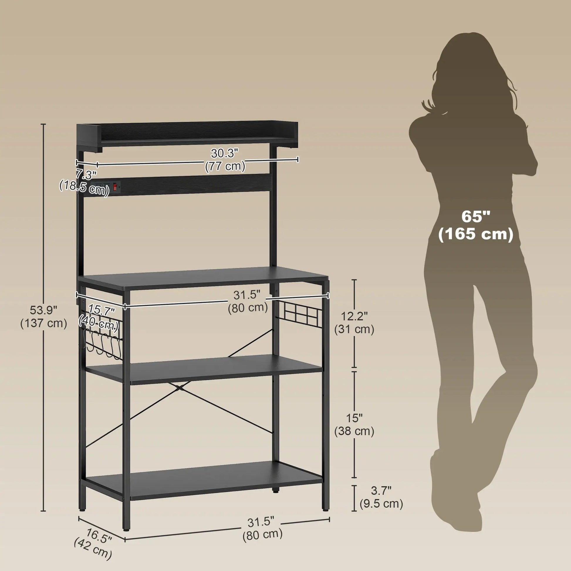 Kitchen Baker's Rack with Power Outlet, Coffee Bar Station with Adjustable Shelves and Hooks, Rustic Brown Bar Cabinets at Gallery Canada