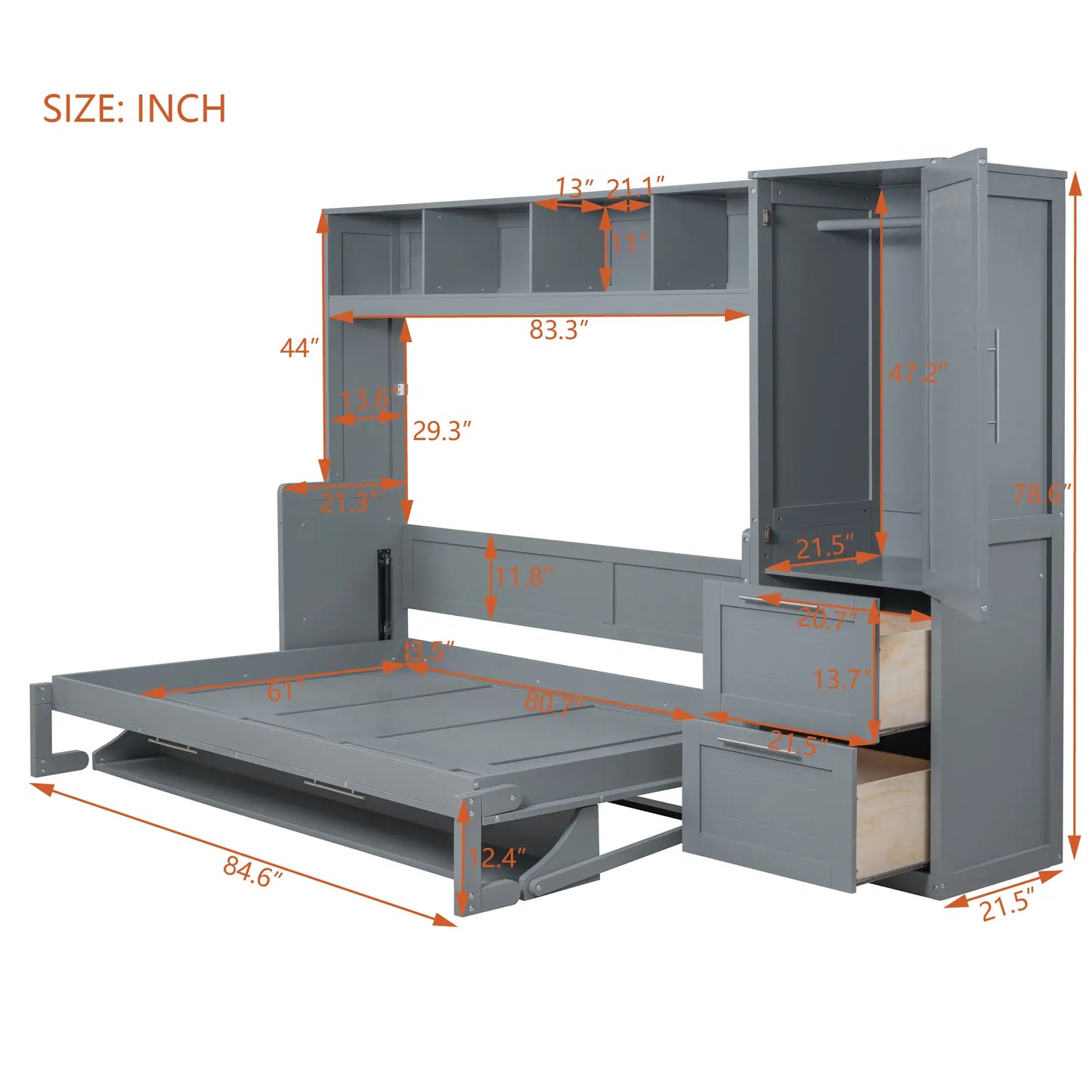 Murphy Bed with Closet, Drawers, 112" L x 21.5" W x 78.5" H, Grey Bed Frames at Gallery Canada