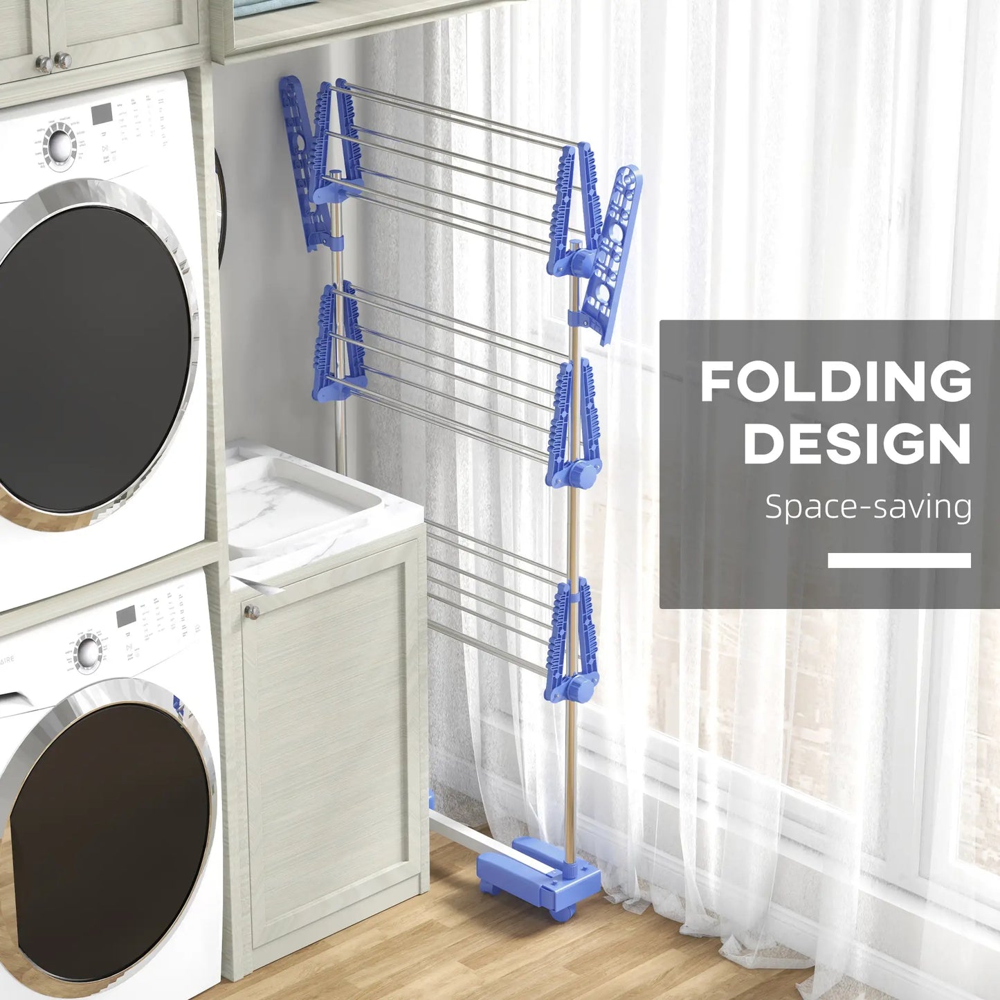3-Tier Clothes Drying Rack, Stainless Steel Laundry Rack with 2 Side Wings and 6 Castors, Collapsible Adjustable Clothes Airer for Indoor Outdoor, Blue Bath Accessories at Gallery Canada