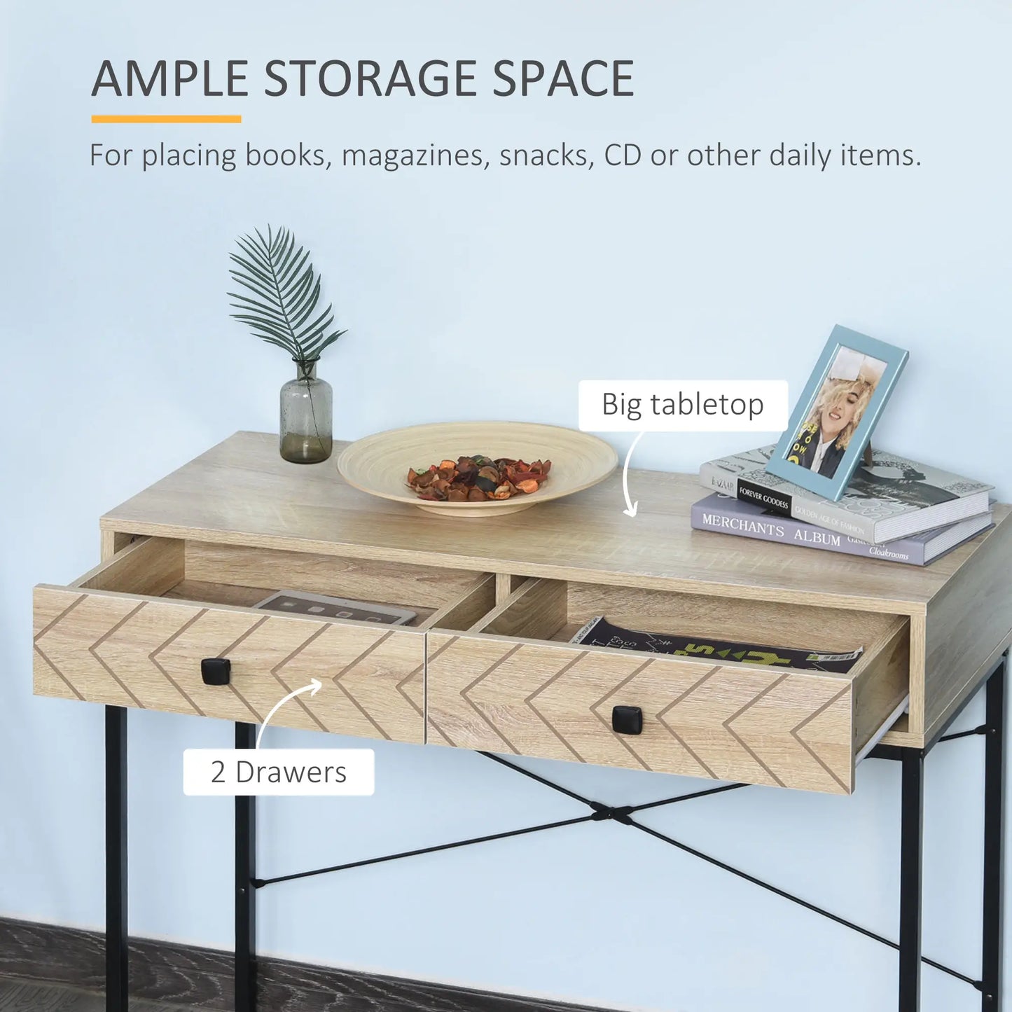 Industrial Console Table, 2 Storage Drawers, Metal Frame, X-Bar Design