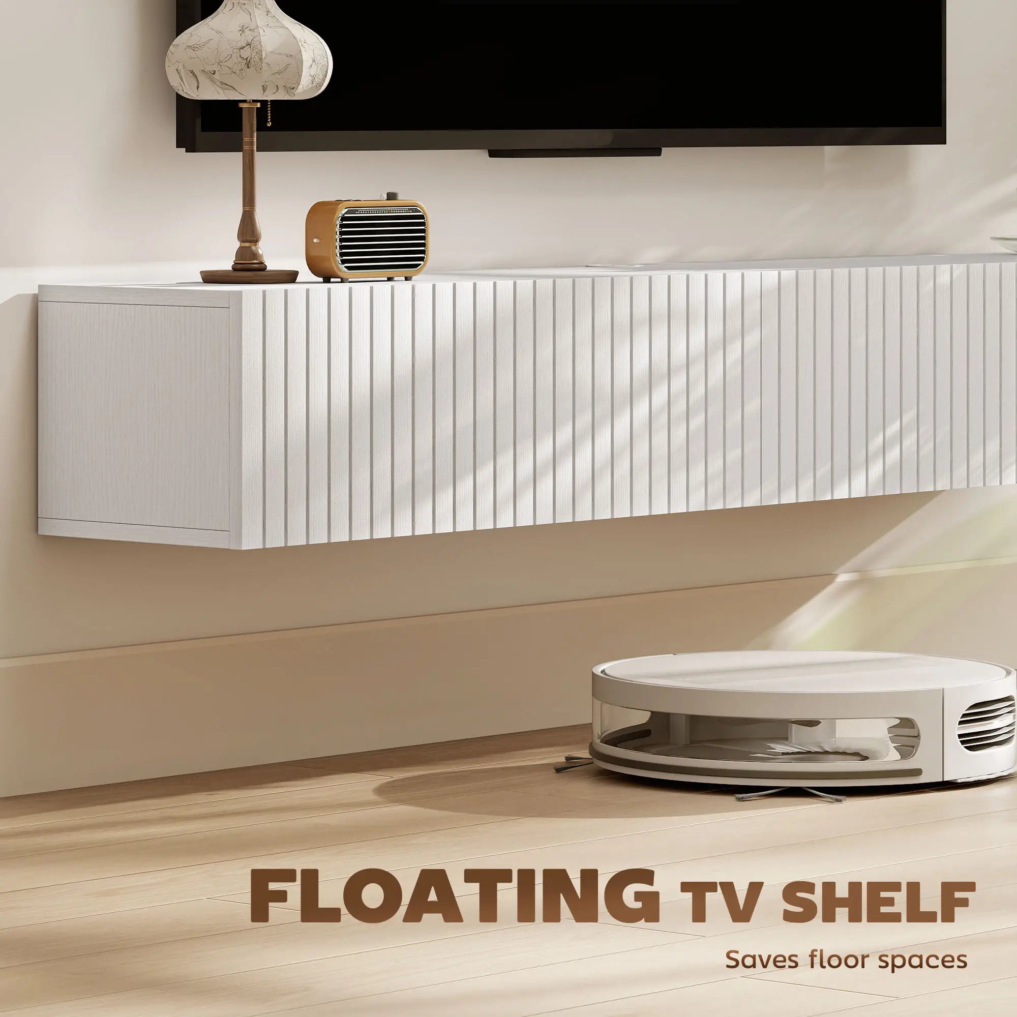 55 Inch Floating TV Stand, Wall Mount Media Console, 2 Fluted Doors, White TV Stands at Gallery Canada