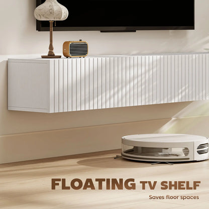 55 Inch Floating TV Stand, Wall Mount Media Console, 2 Fluted Doors, White TV Stands at Gallery Canada