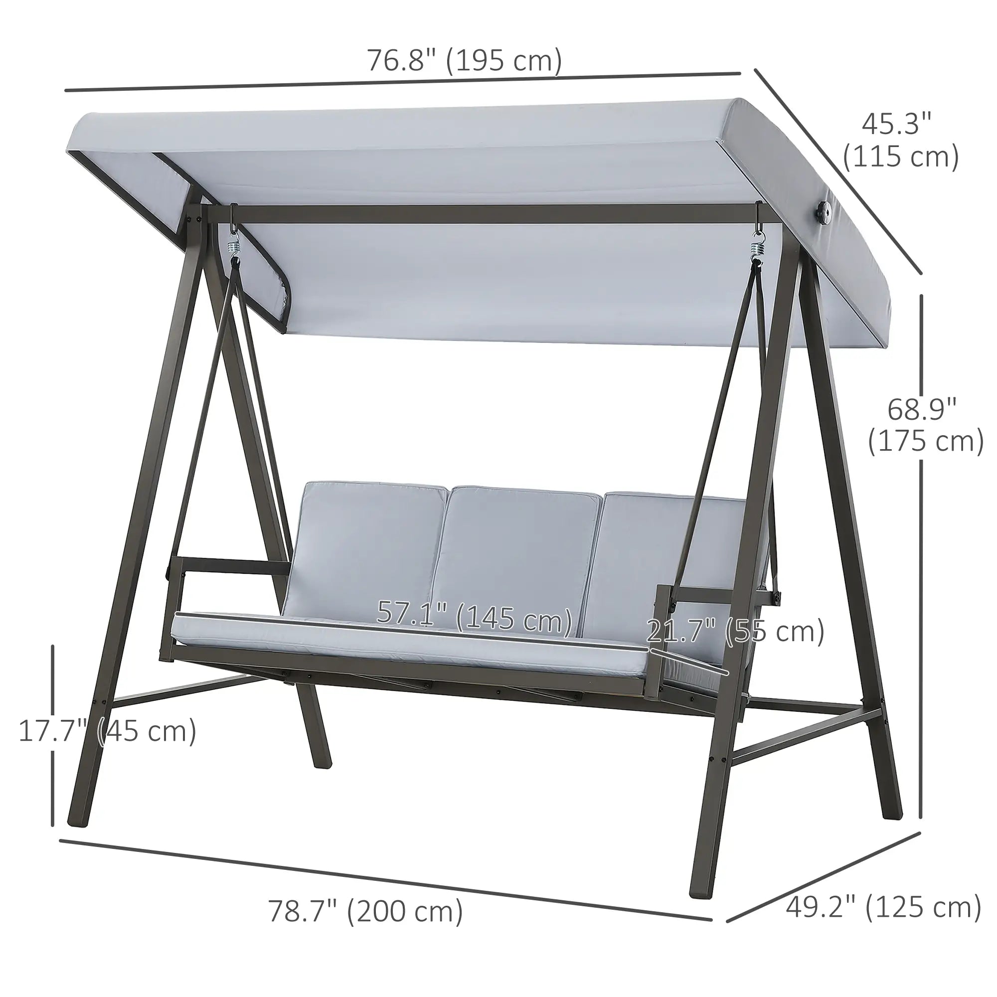 3 Seater Patio Swing Chair, Adjustable Canopy, Removable Cushions, Light Grey Patio Swings with Stand at Gallery Canada