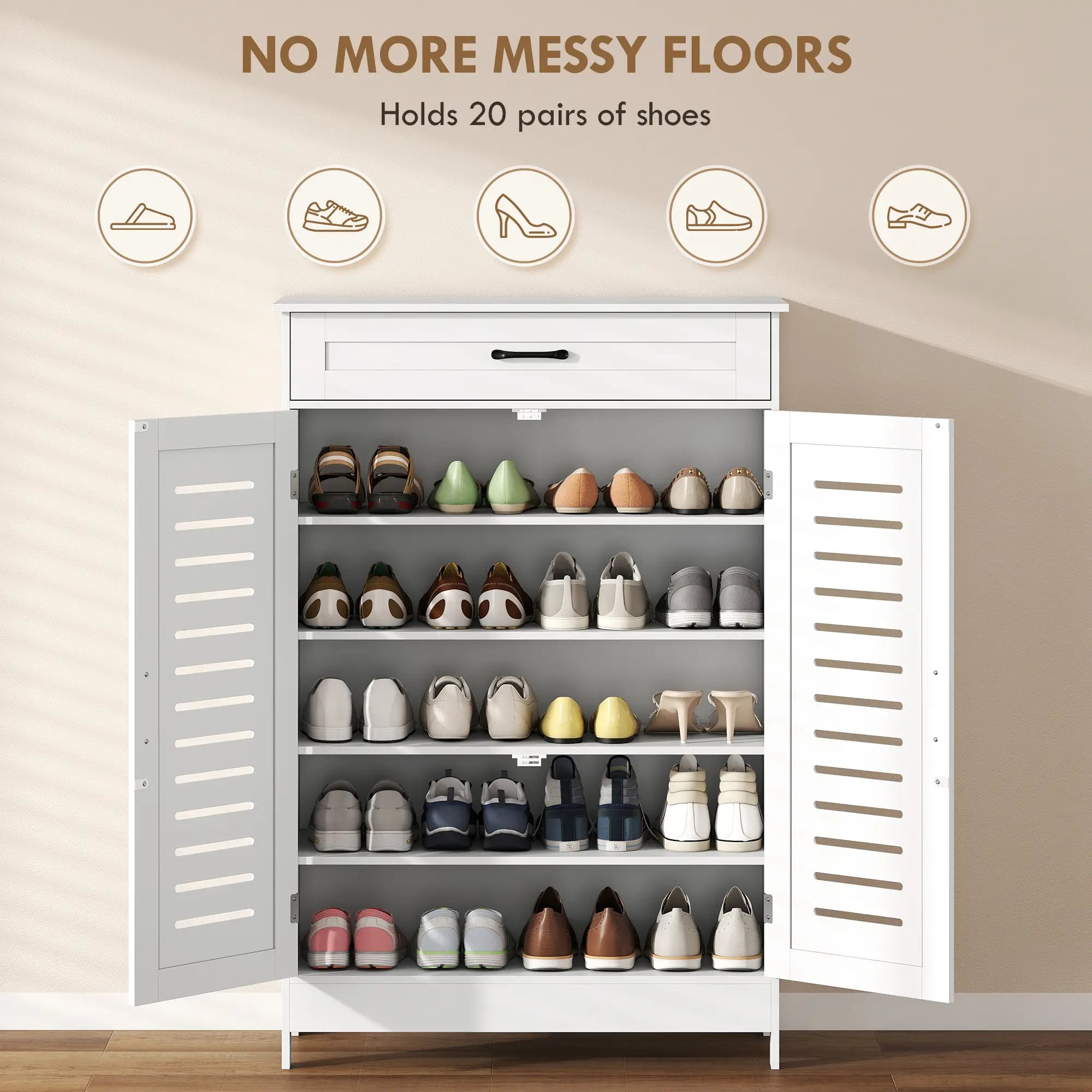 Shoe Cabinet With Louvered Doors, Drawer, Adjustable Shelves, White Shoe Storage Cabinets & Racks at Gallery Canada