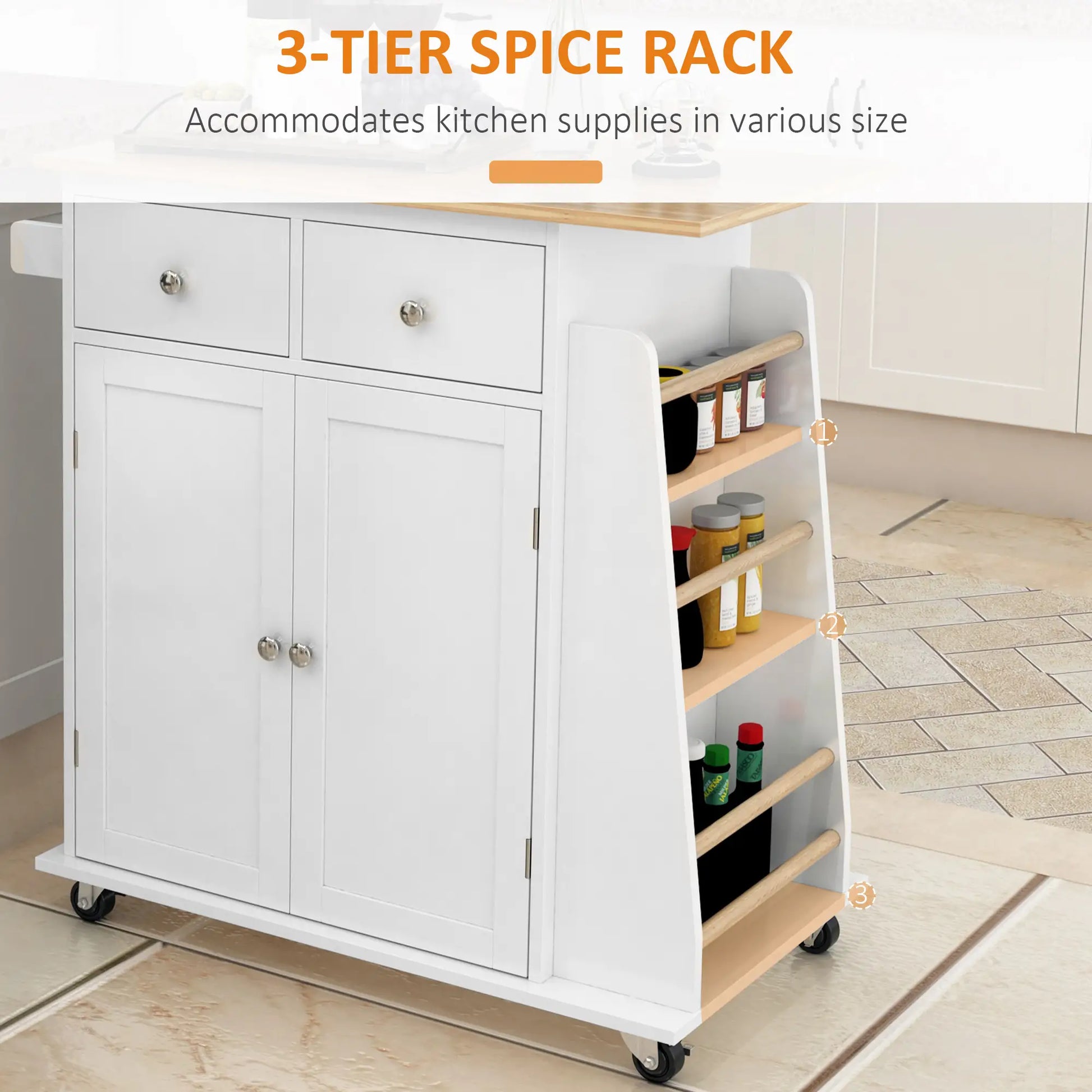Rolling Kitchen Island Cart, Rubber Wood Top, 3-Tier Spice Rack, White Kitchen Islands & Kitchen Carts at Gallery Canada