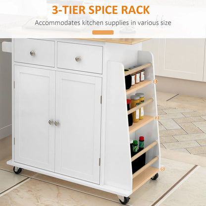 Rolling Kitchen Island Cart, Rubber Wood Top, 3-Tier Spice Rack, White Kitchen Islands & Kitchen Carts at Gallery Canada