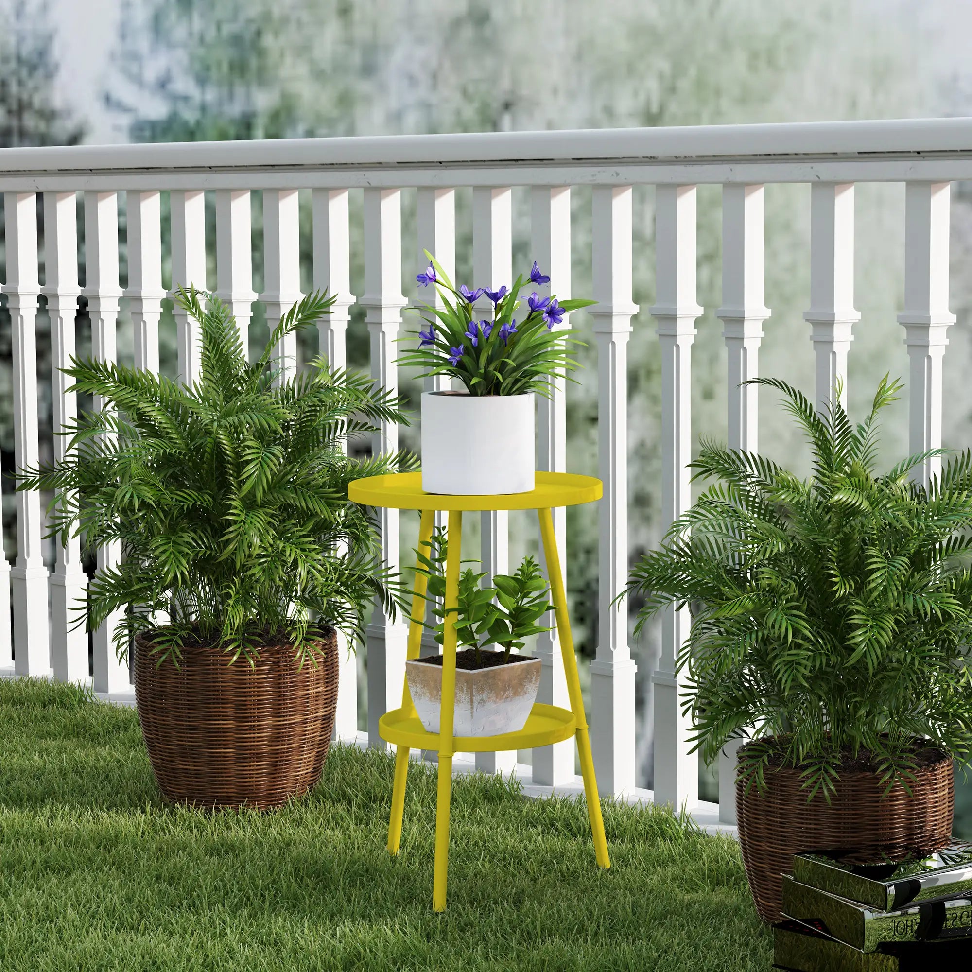 Round Garden Table, 2-Tier Small Side Table, Metal Patio Table, Yellow Patio Side Tables at Gallery Canada