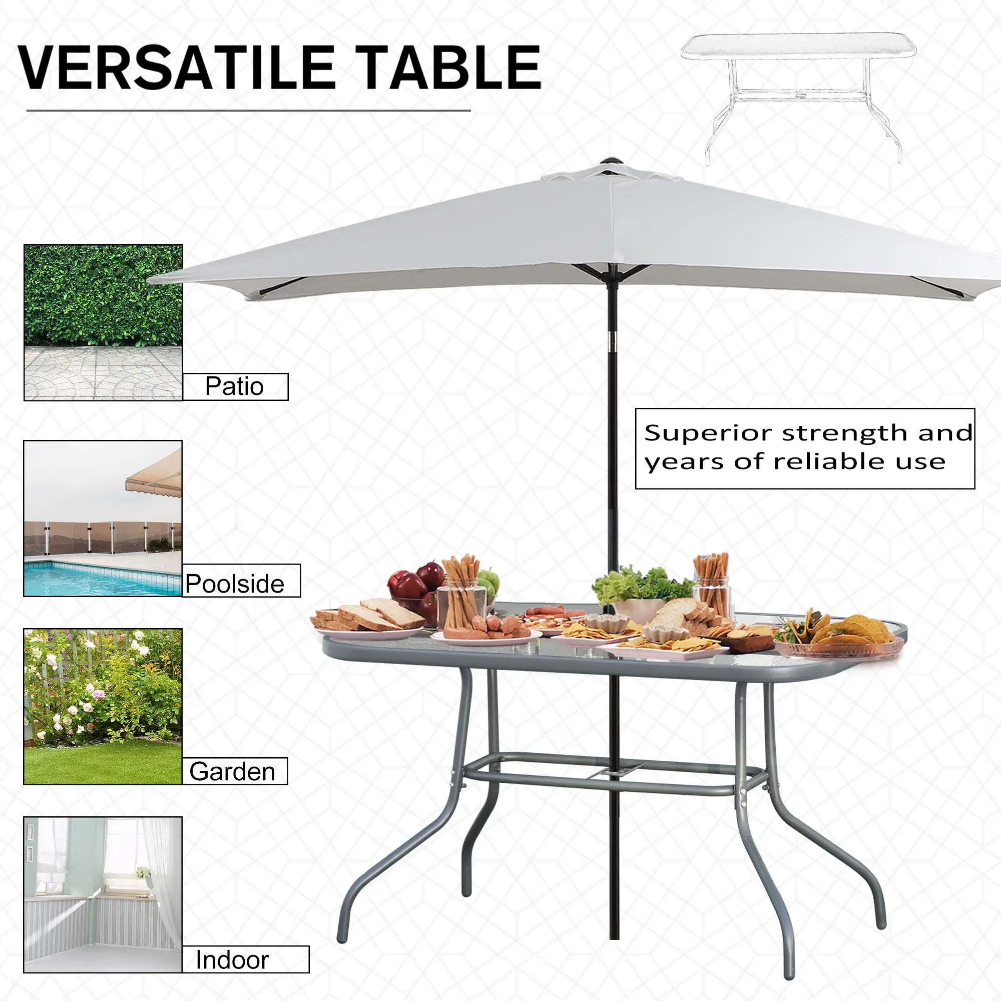 Metal Garden Dining Table, Umbrella Hole, Tempered Glass Top, 47.25