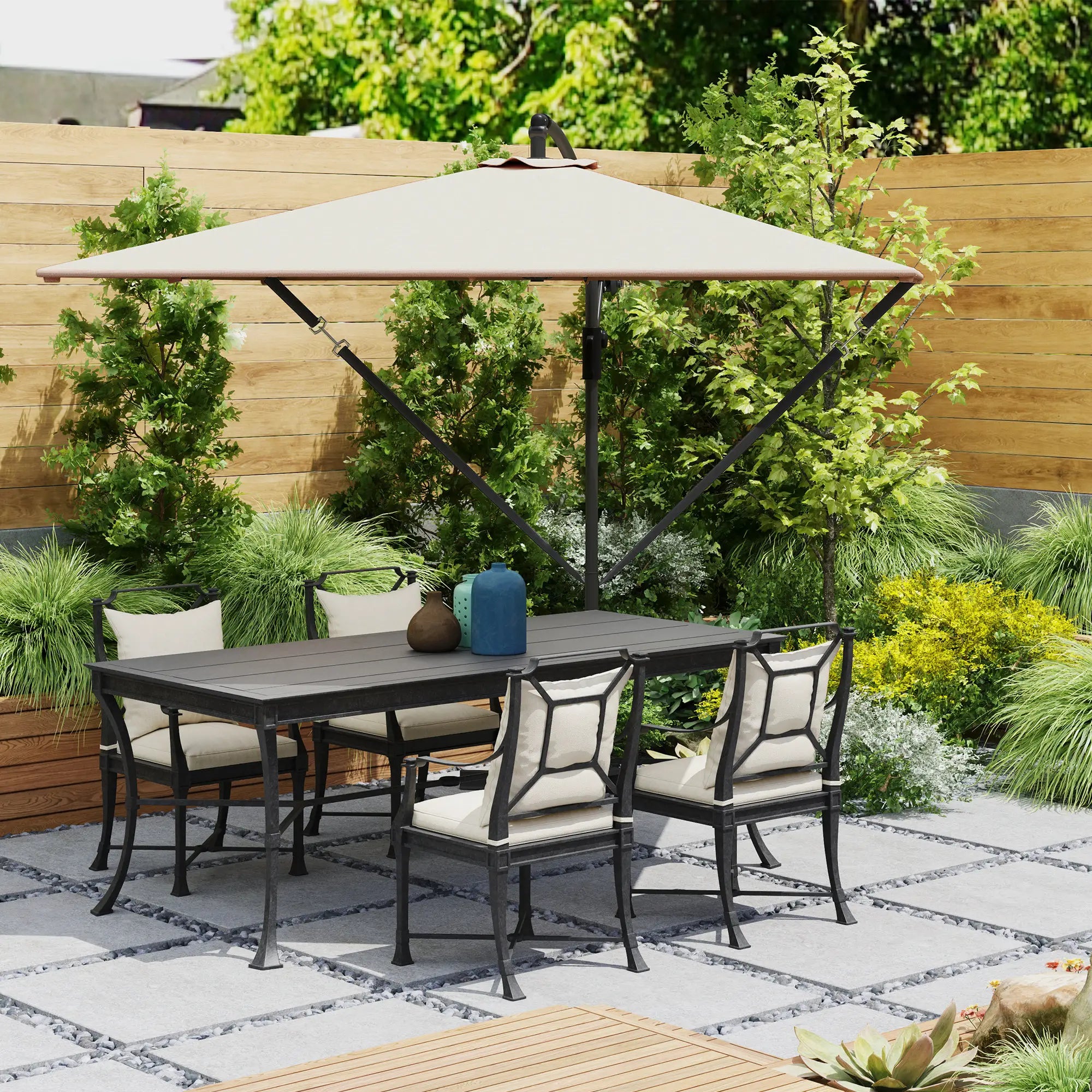 Patio Offset Umbrella, UPF 50+ UV Protection, Crank Parasol With Base, Khaki Offset Cantilever Umbrellas at Gallery Canada