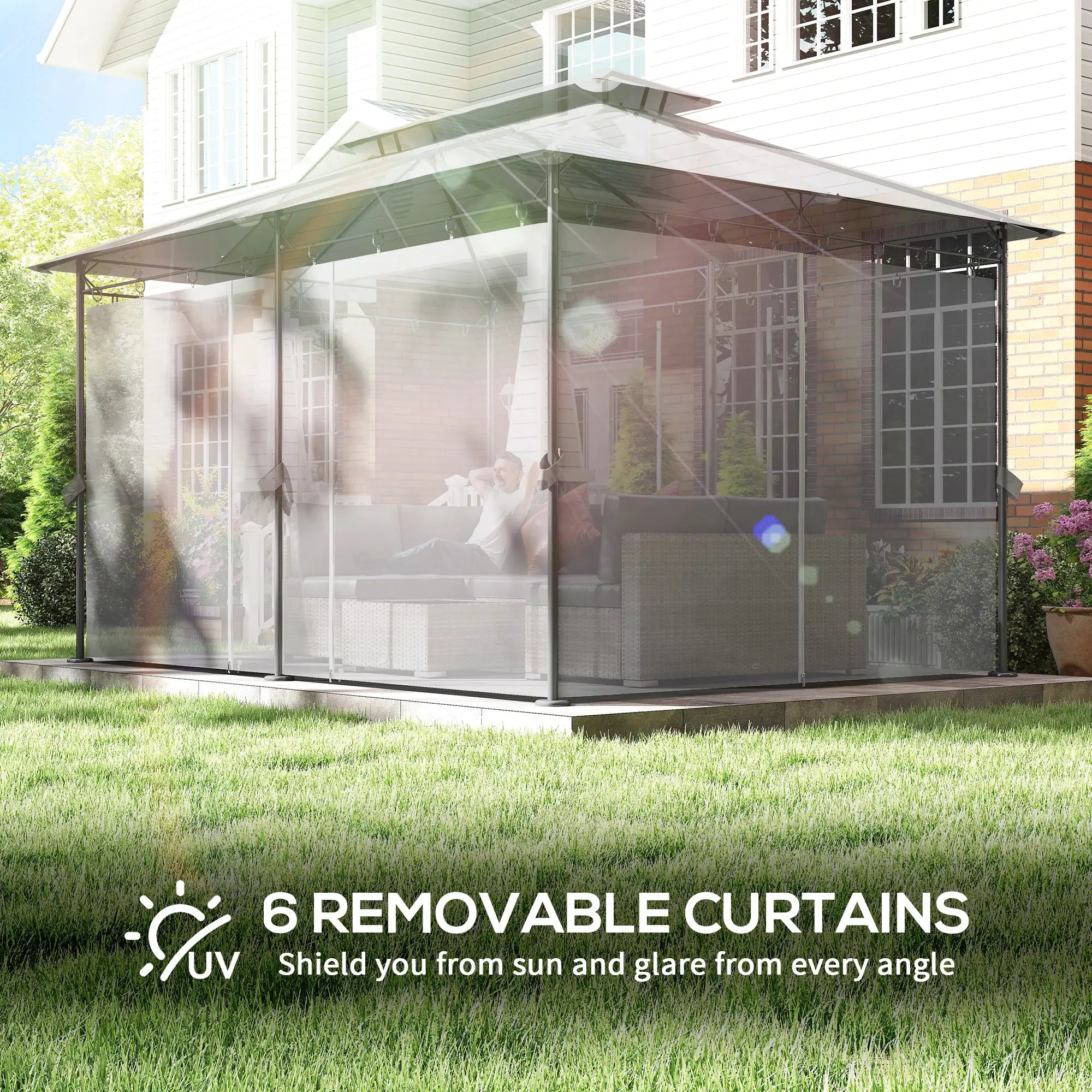 10' x 13' Double Roof Patio Gazebo, Outdoor with Curtains, Dark Grey Gazebos at Gallery Canada