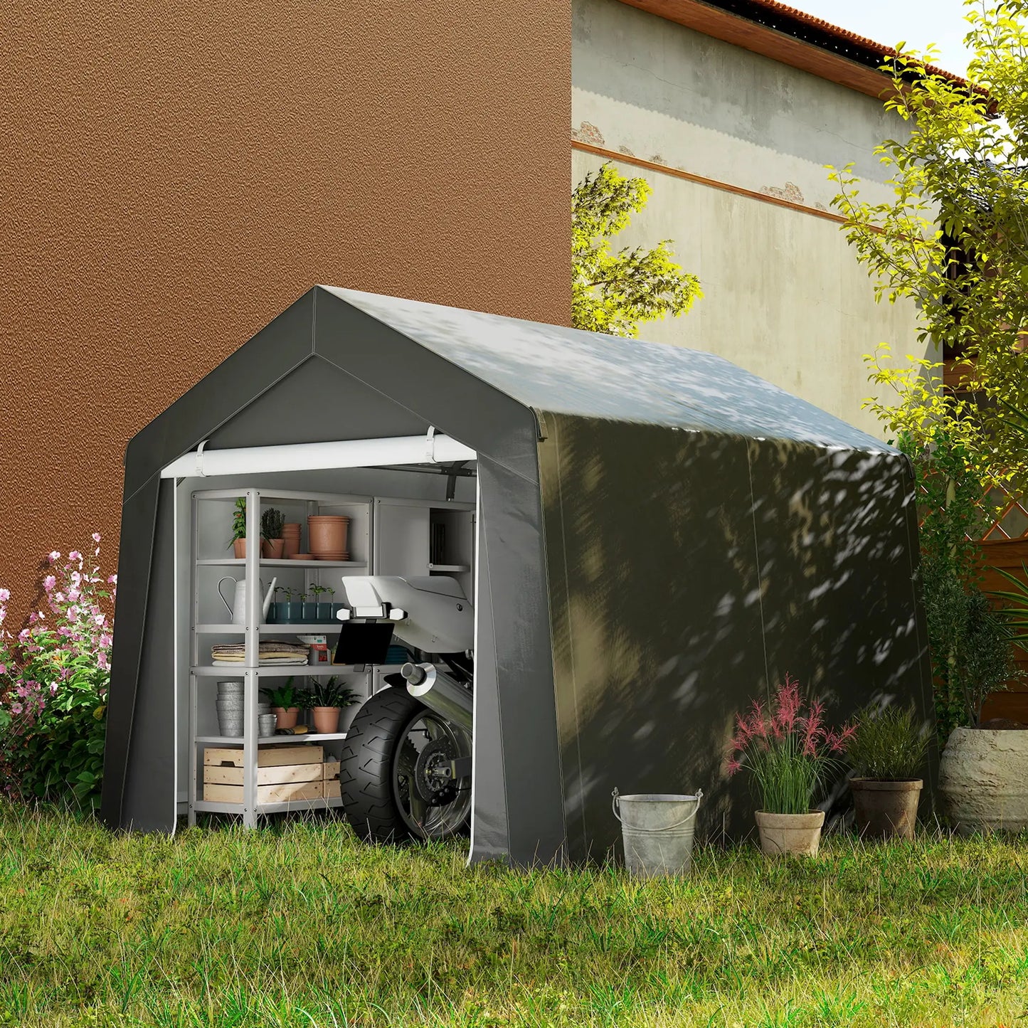 10' x 10' Outdoor Storage Shed, Portable Garage, Dark Grey