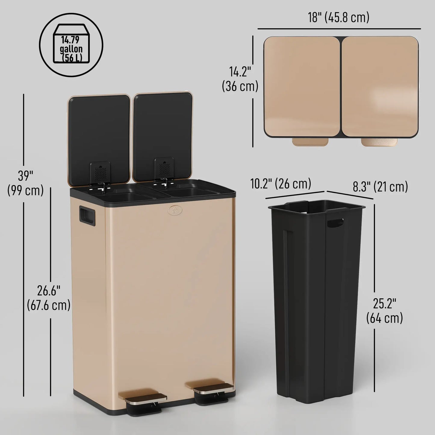 Dual Garbage Bin, Soft-Close Trash Can with Foot Pedal, 2 x 28 Liter Garbage Can with Removable Inner Buckets, Gold Household Supplies at Gallery Canada