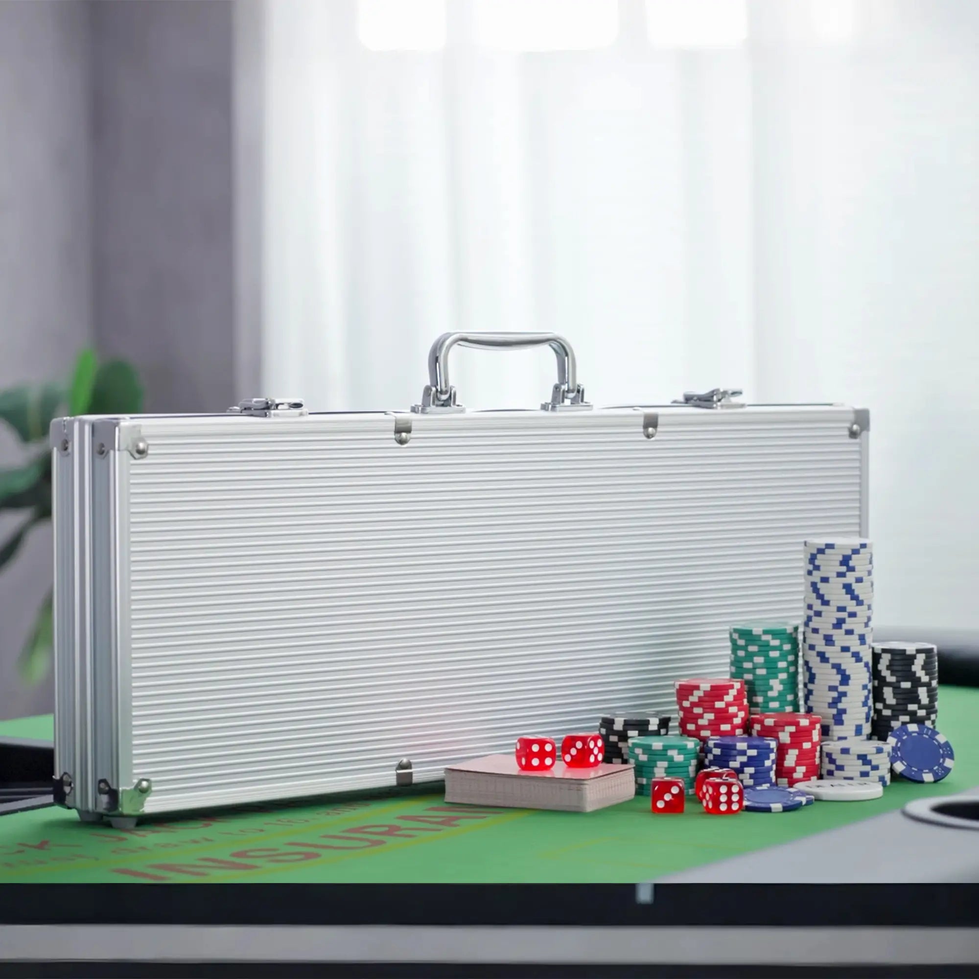 11.5 Gram Poker Chips Set, Aluminum Case, 500 Striped Dice, 2 Card Decks, Silver Game Tables at Gallery Canada