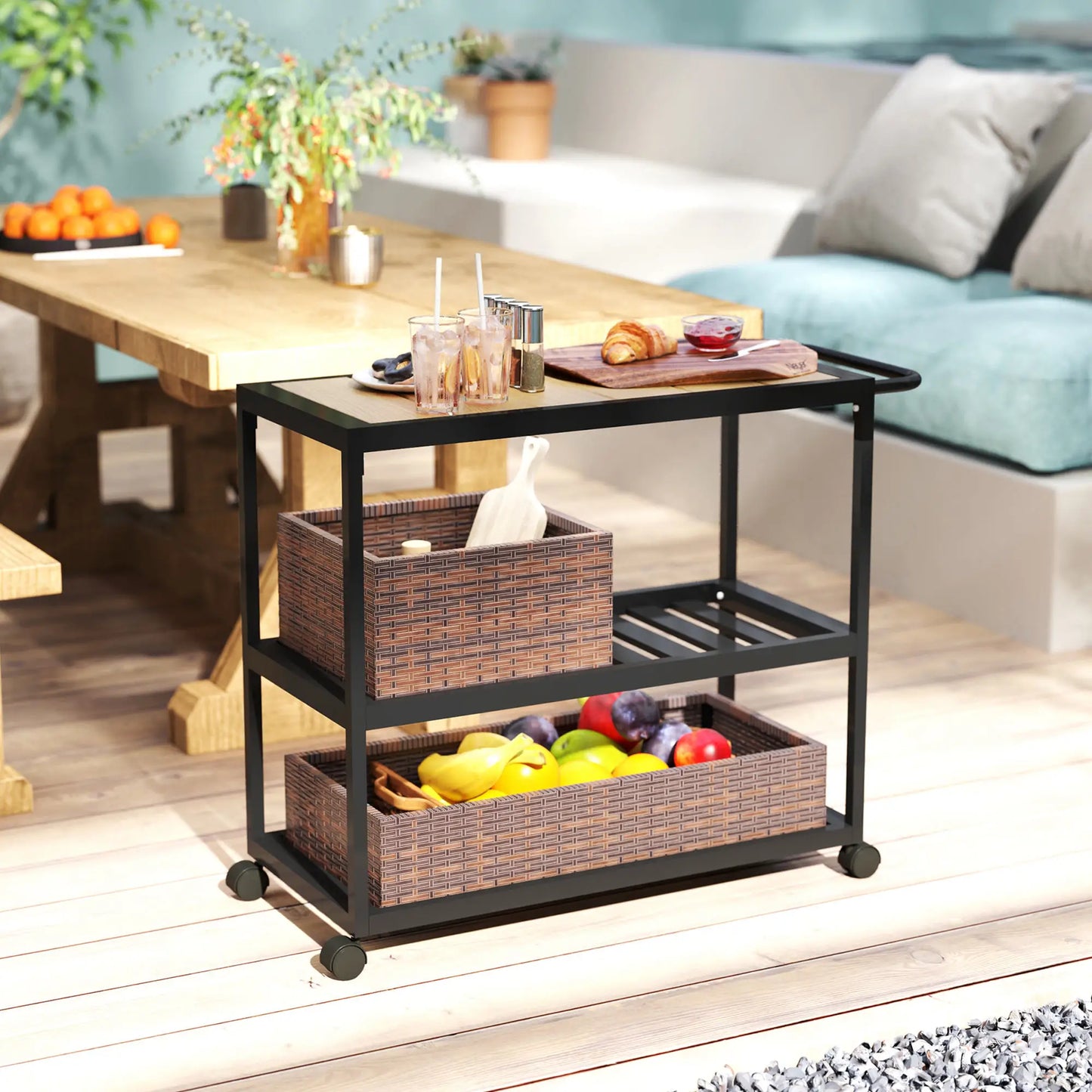 Outdoor Bar Cart, 3-Tier Rolling Cart With Removable Rattan Basket, Mixed-Brown Outdoor Grill Carts at Gallery Canada