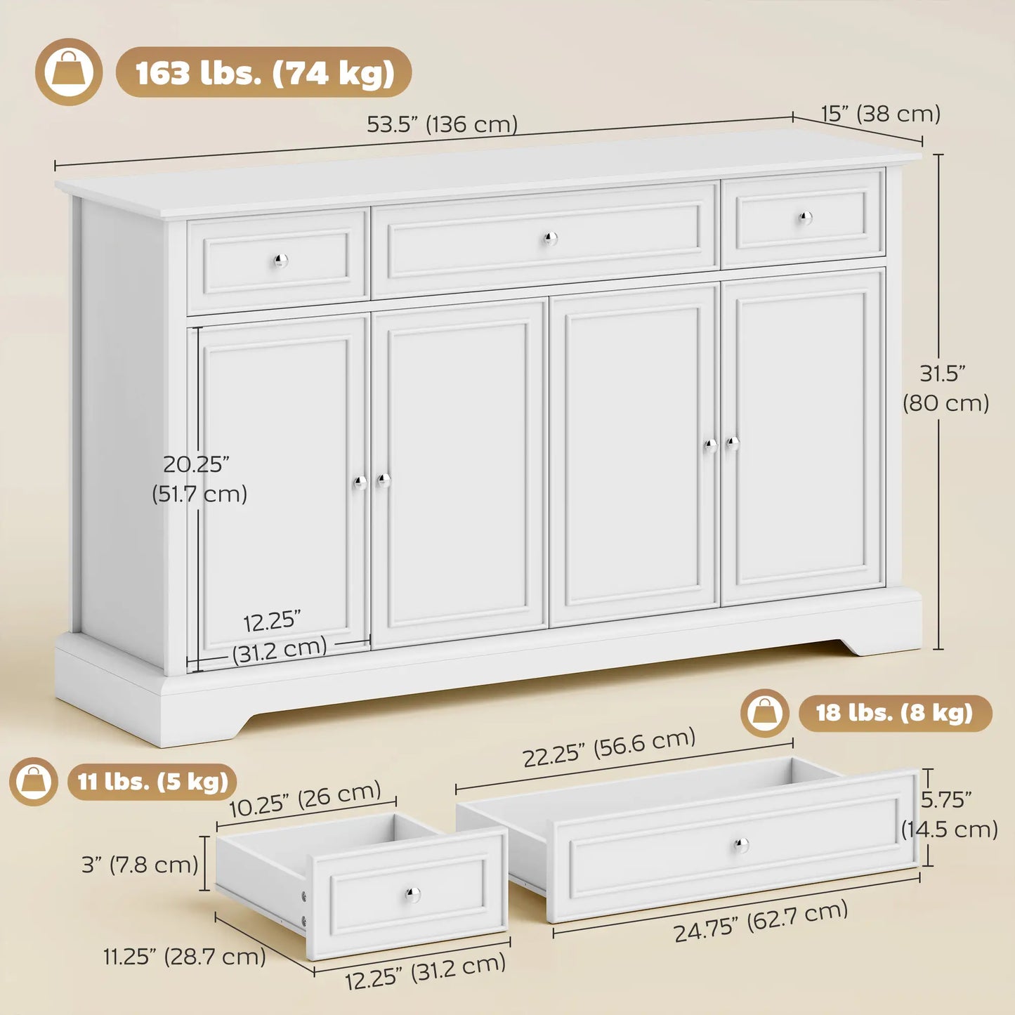 54" Sideboard Buffet Cabinet, Soft-Close Doors, 3 Drawers, White Bar Cabinets at Gallery Canada