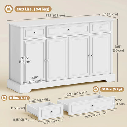 54" Sideboard Buffet Cabinet, Soft-Close Doors, 3 Drawers, White Bar Cabinets at Gallery Canada