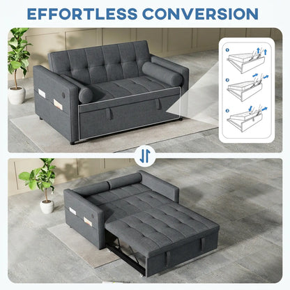 Pull Out Sofa Bed With USB Ports, Linen Loveseat Futon, Dark Grey 2-Seater Sofas at Gallery Canada