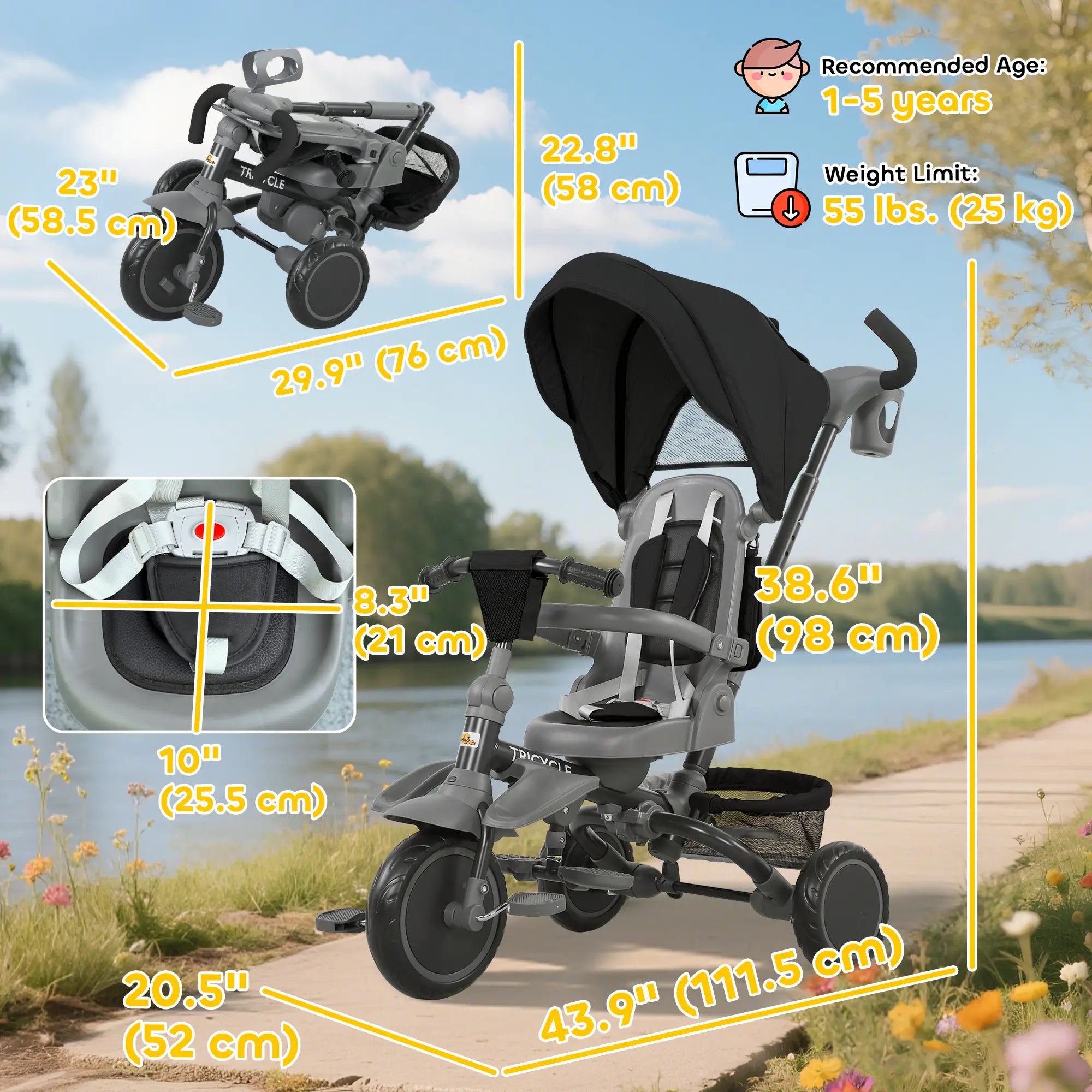 6 in 1 Toddler Tricycle, Push Handle, Removable Canopy, Rotatable Seat, Black Tricycles for Kids at Gallery Canada