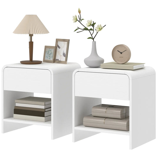 Modern Nightstand Set of 2, Distressed White, With Drawer and Shelf, White