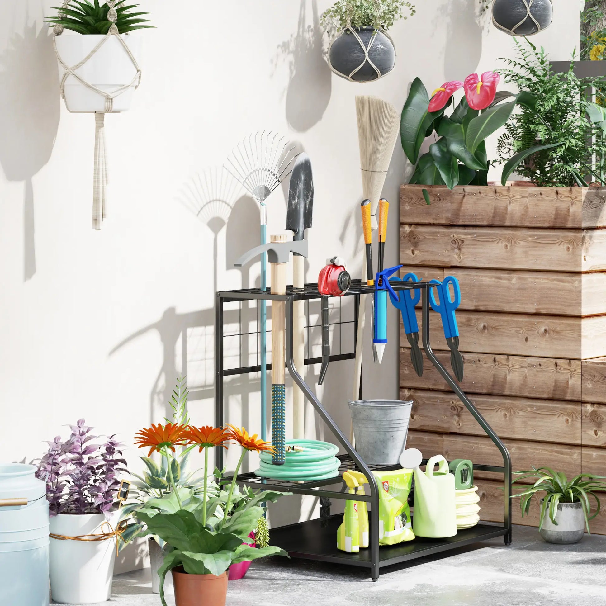 3-Tier Yard Tool Rack, Garden Organizer with Hooks, Black Garden Accessories at Gallery Canada