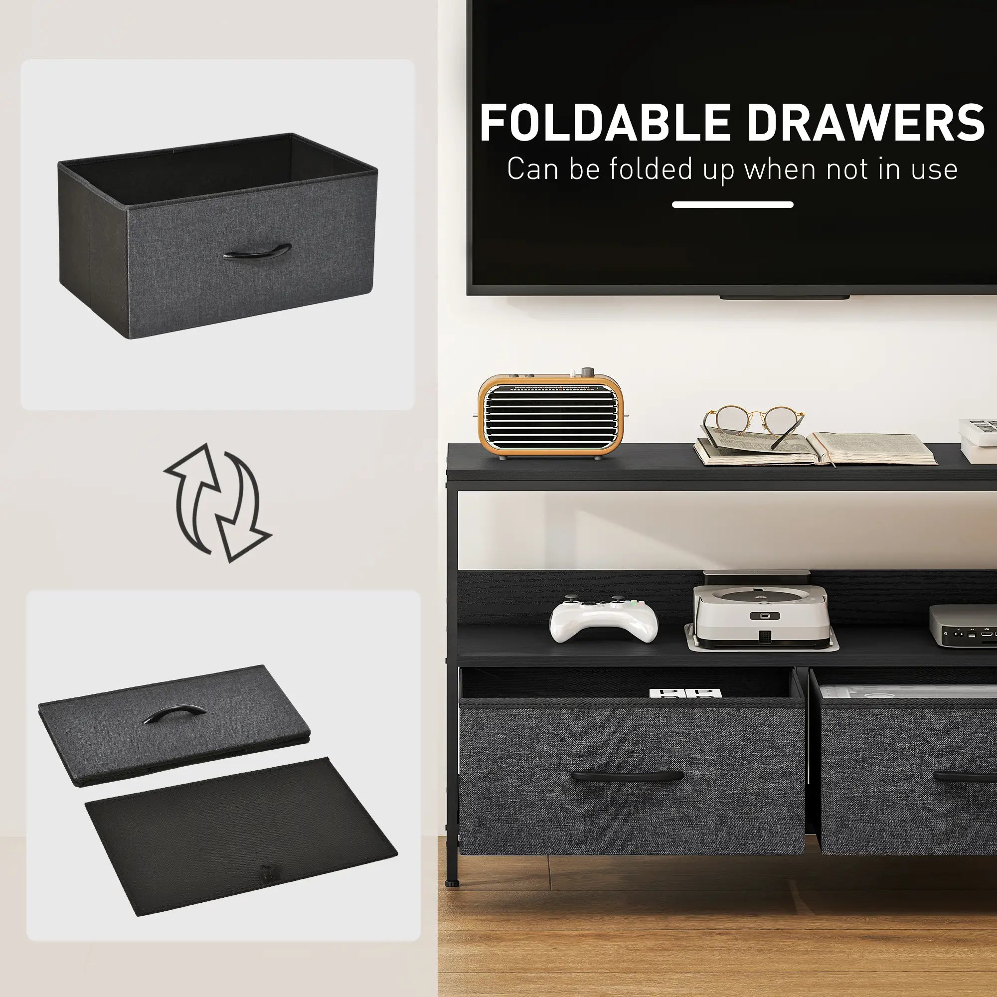 TV Stand with Charging Station, 2 Foldable Drawers, Open Shelf, 47 Inch, Black TV Stands at Gallery Canada