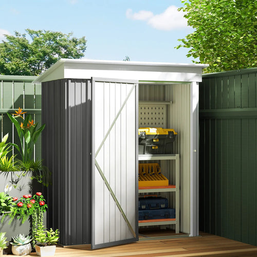 Outdoor Storage Shed, Steel Lean-To, Adjustable Shelf, 5'x3'x6', Grey