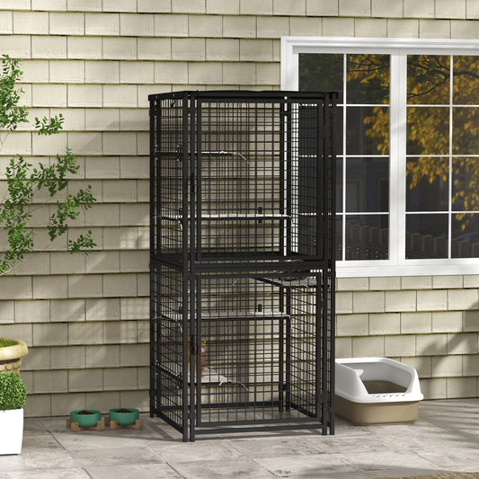 Cat Cage Multi-Level Catio Steel Outdoor Cat Enclosure w/ UV-and Water Resistant Cover, 5 Platforms, Soft Pads, Black - Gallery Canada