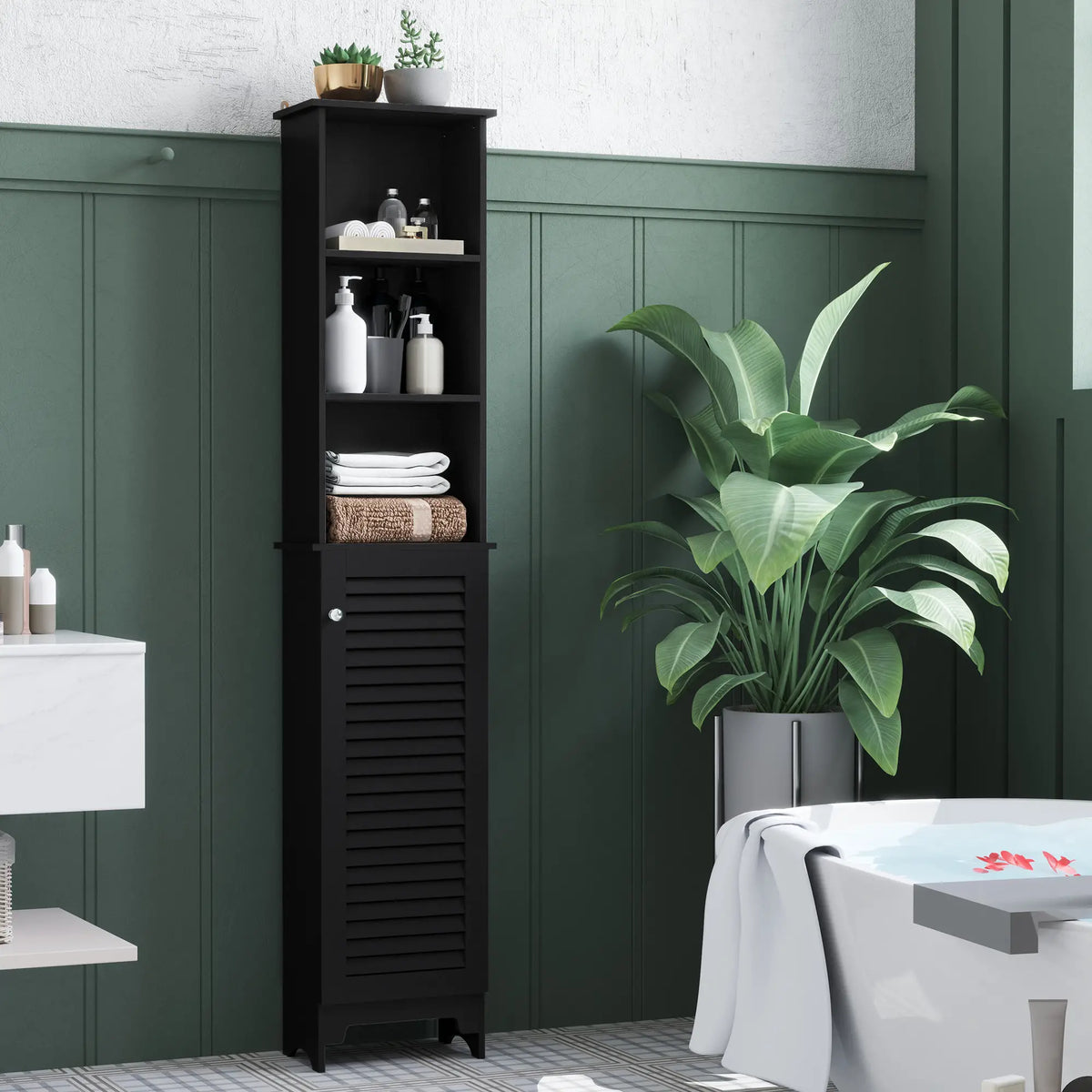 Grand Cabinet de Stockage pour Salle de Bain, Étagère Réglable à 3 Niveaux, Noir