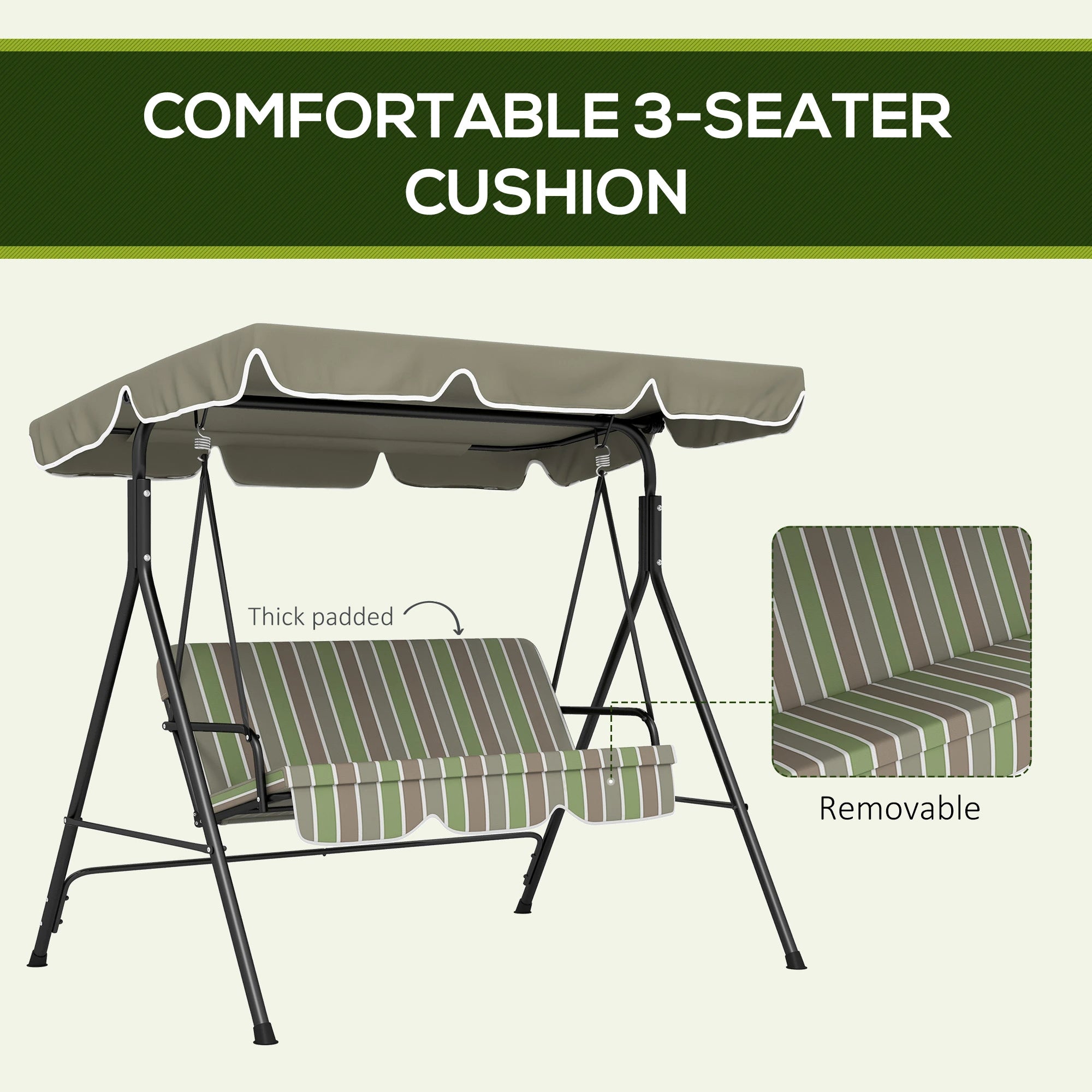 3-Seater Outdoor Porch Swing, Adjustable Canopy, Brown, Green Patio Swings with Stand at Gallery Canada