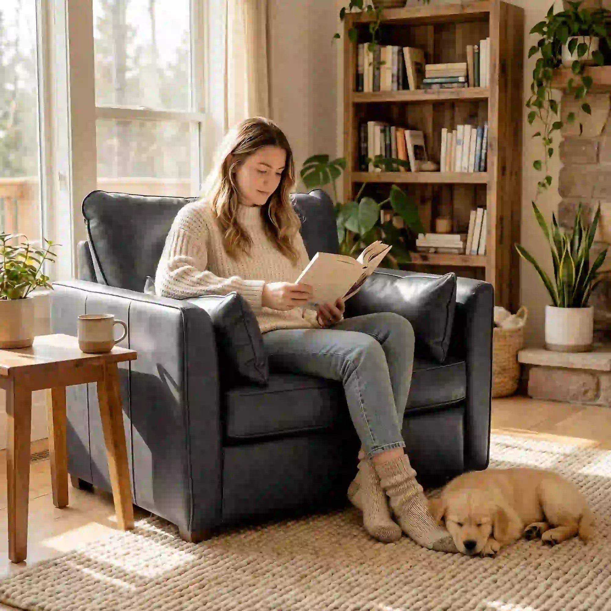 PU Leather Armchair, Wide Seat, Spring Cushion, Rubberwood Legs, Black Single Sofas at Gallery Canada