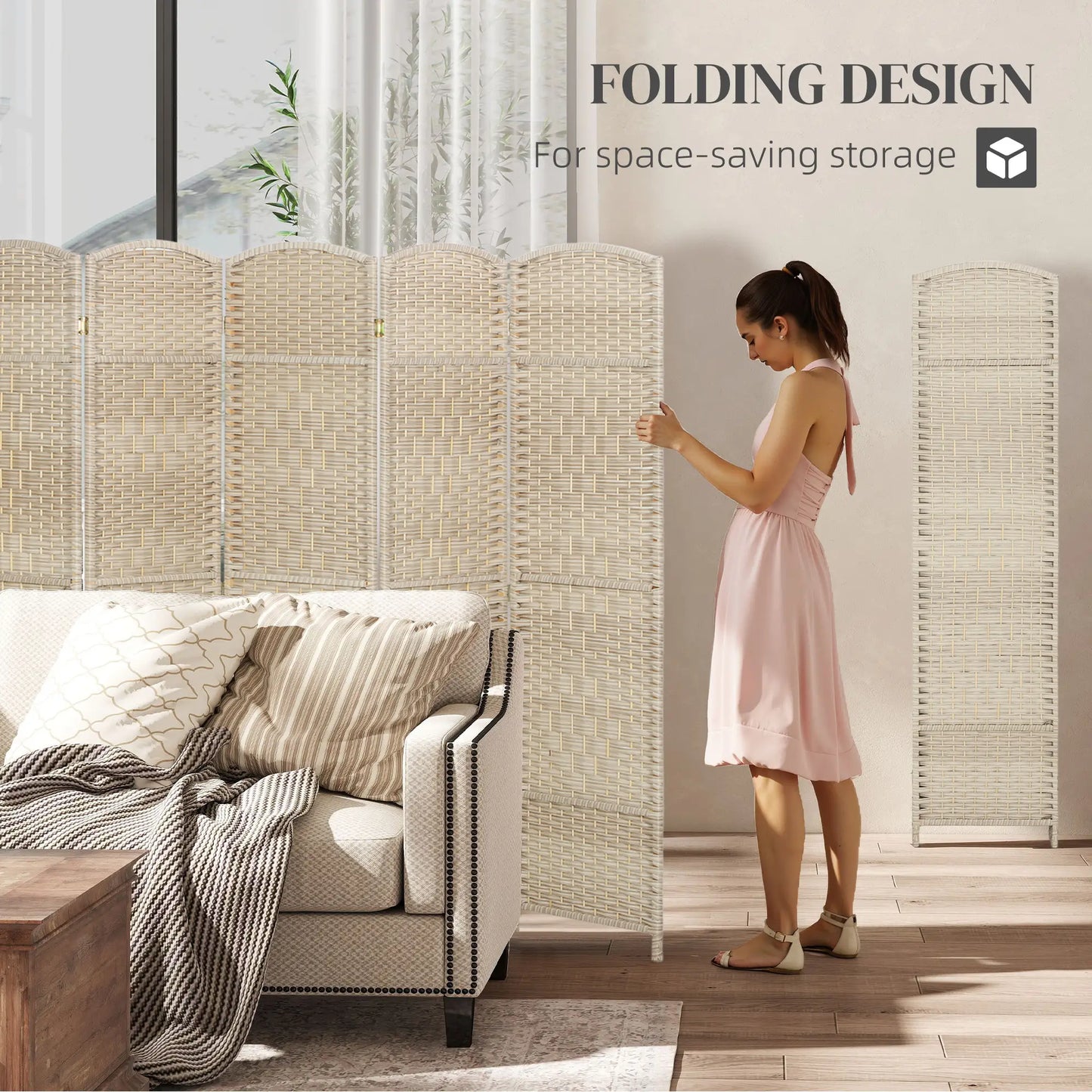 6 Ft Tall Folding Room Divider, 6 Panel Portable Privacy Screen, Light Oak