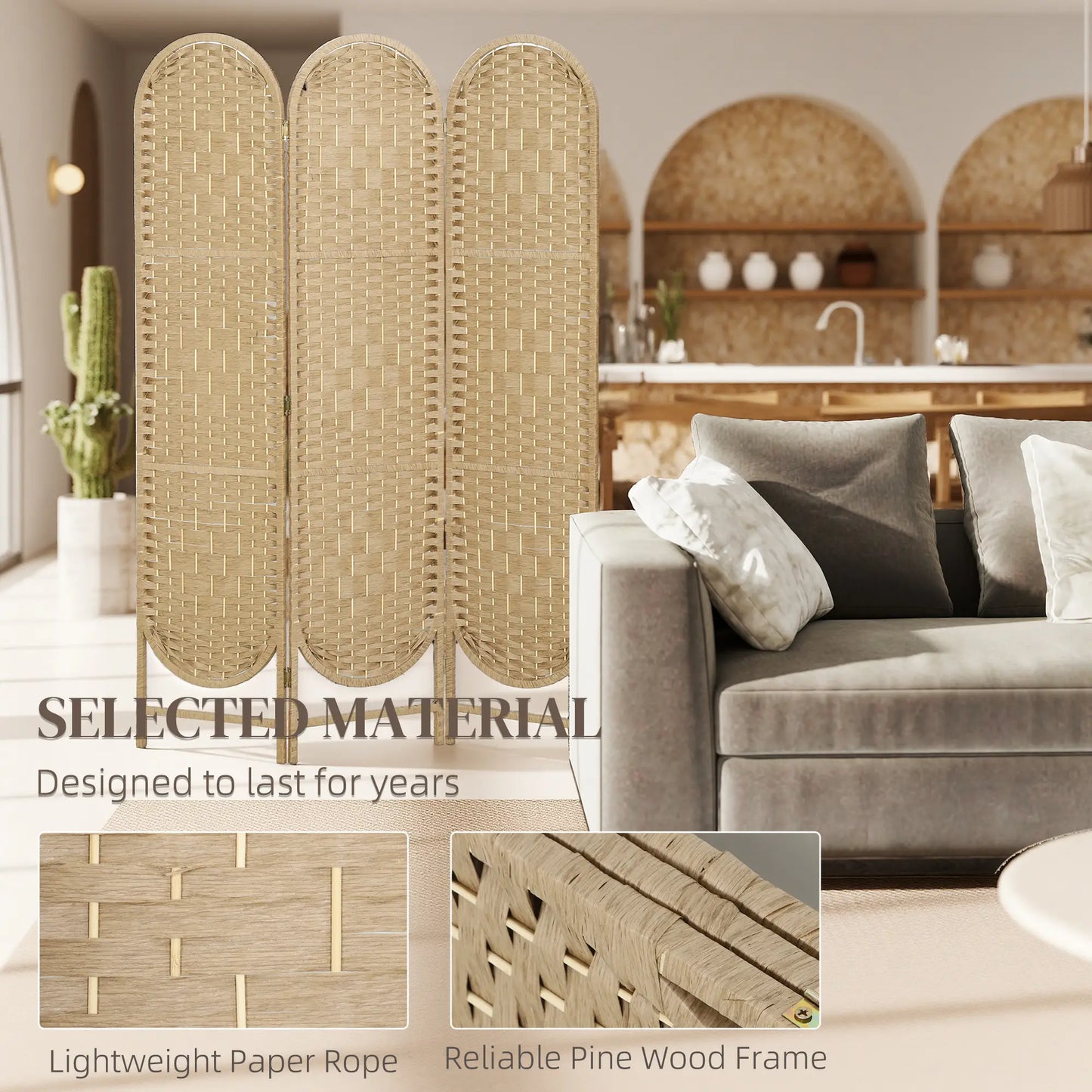 3 Panel Bohemian Privacy Screen, Arched Top Room Divider, Natural Wood